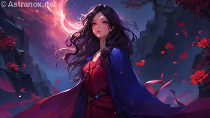 An ethereal Sorceress from the Amazon Rainforest casts a spell at the crimson-bathed Everdusk Chasm in this dark fantasy 4K wallpaper.