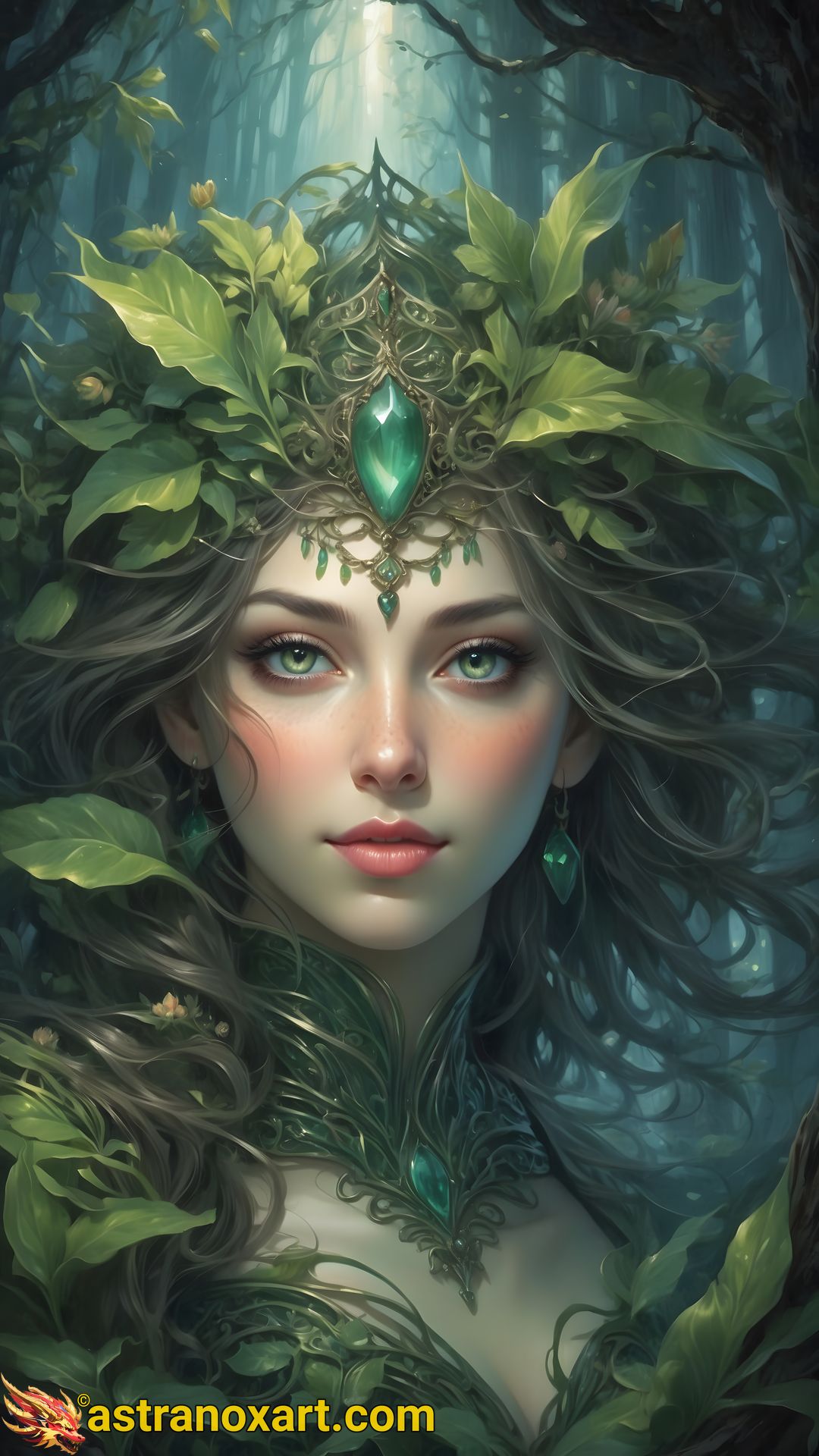 A female druid adorned with vines and greenery, communing with nature in a mystical forest in this 4K wallpaper. Astranox Art