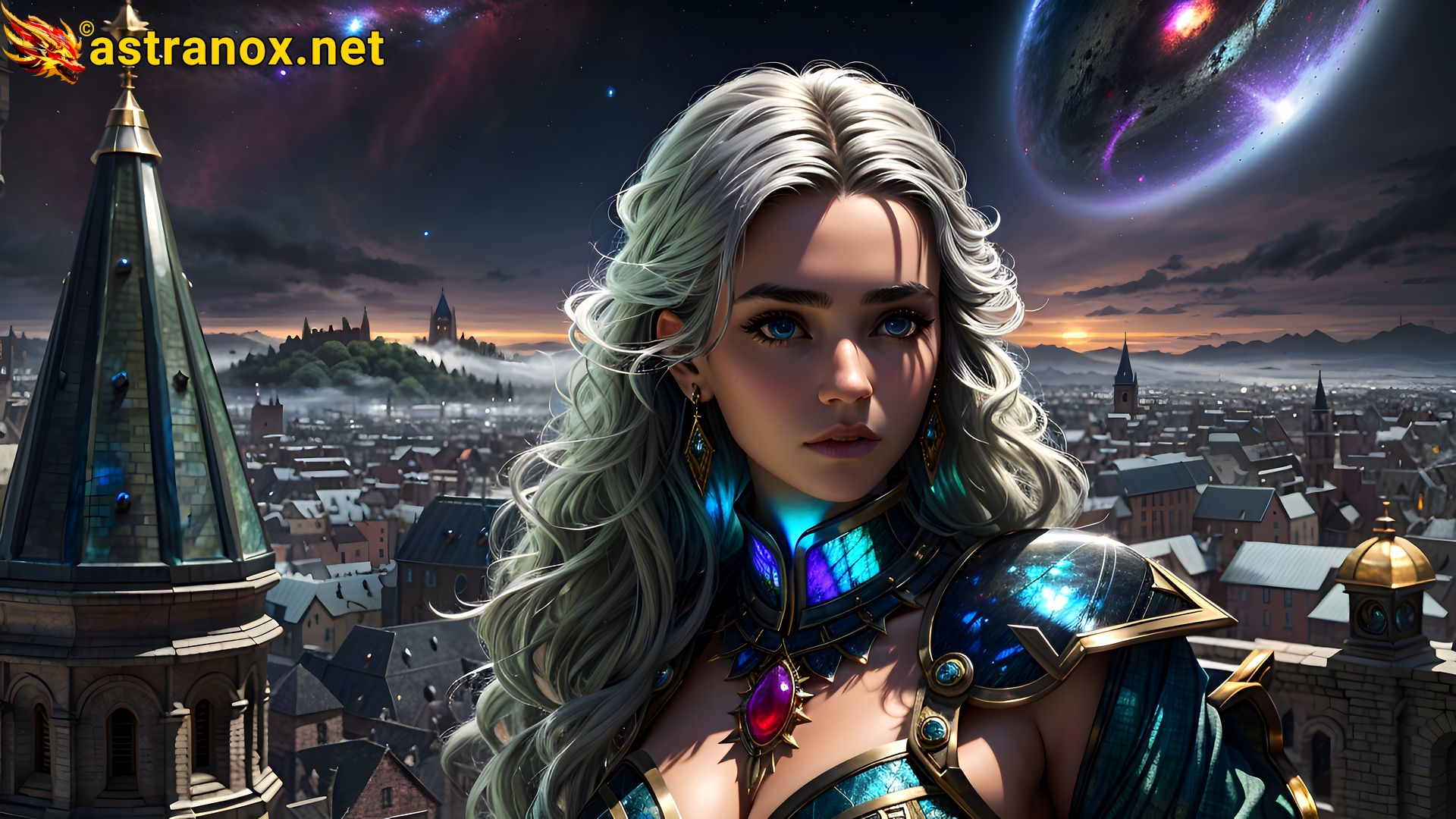 Powerful sorceress with blue eyes and curly silver hair in an urban fantasy landscape at sundown - 4K wallpaper blending magic and modernity Astranox