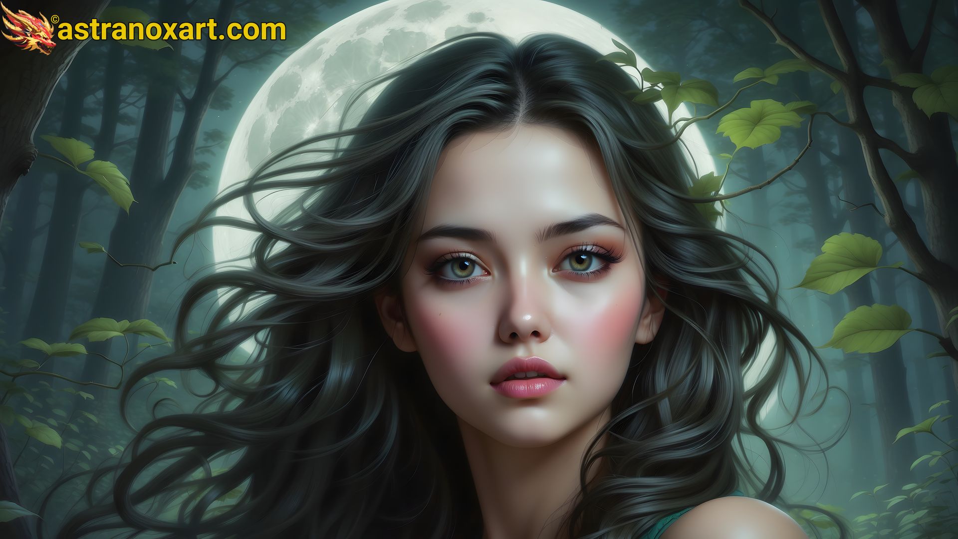 In this 4K wallpaper, a forest-haired enchantress communing with ancient spirits in the moonlit glow of a forbidden grove. Astranox Art