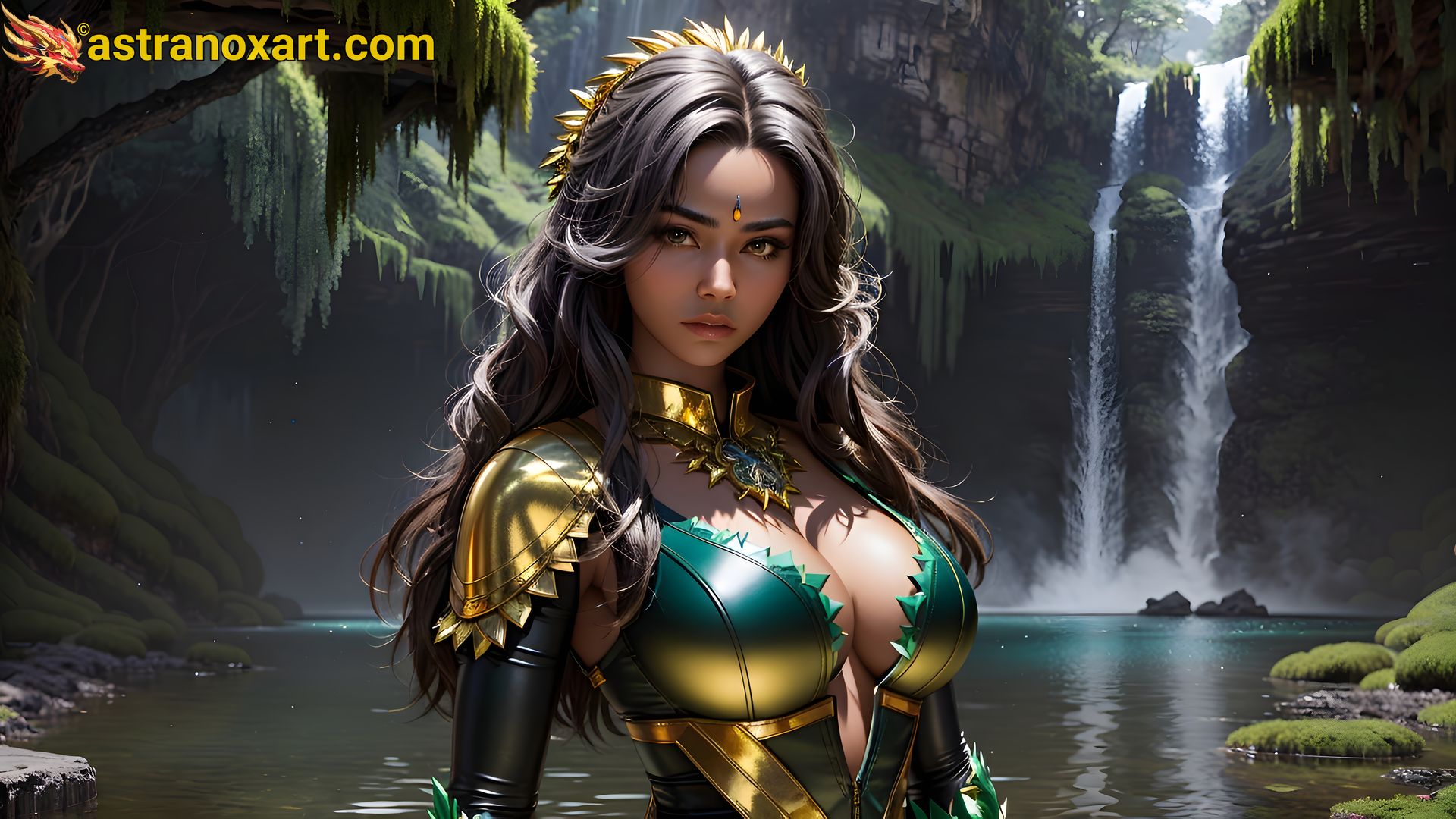 Enchanting 4K Wallpaper of a Sorceress by the Lagoon at Dawn – Sorcery and Magic Fantasy Art Astranox Art