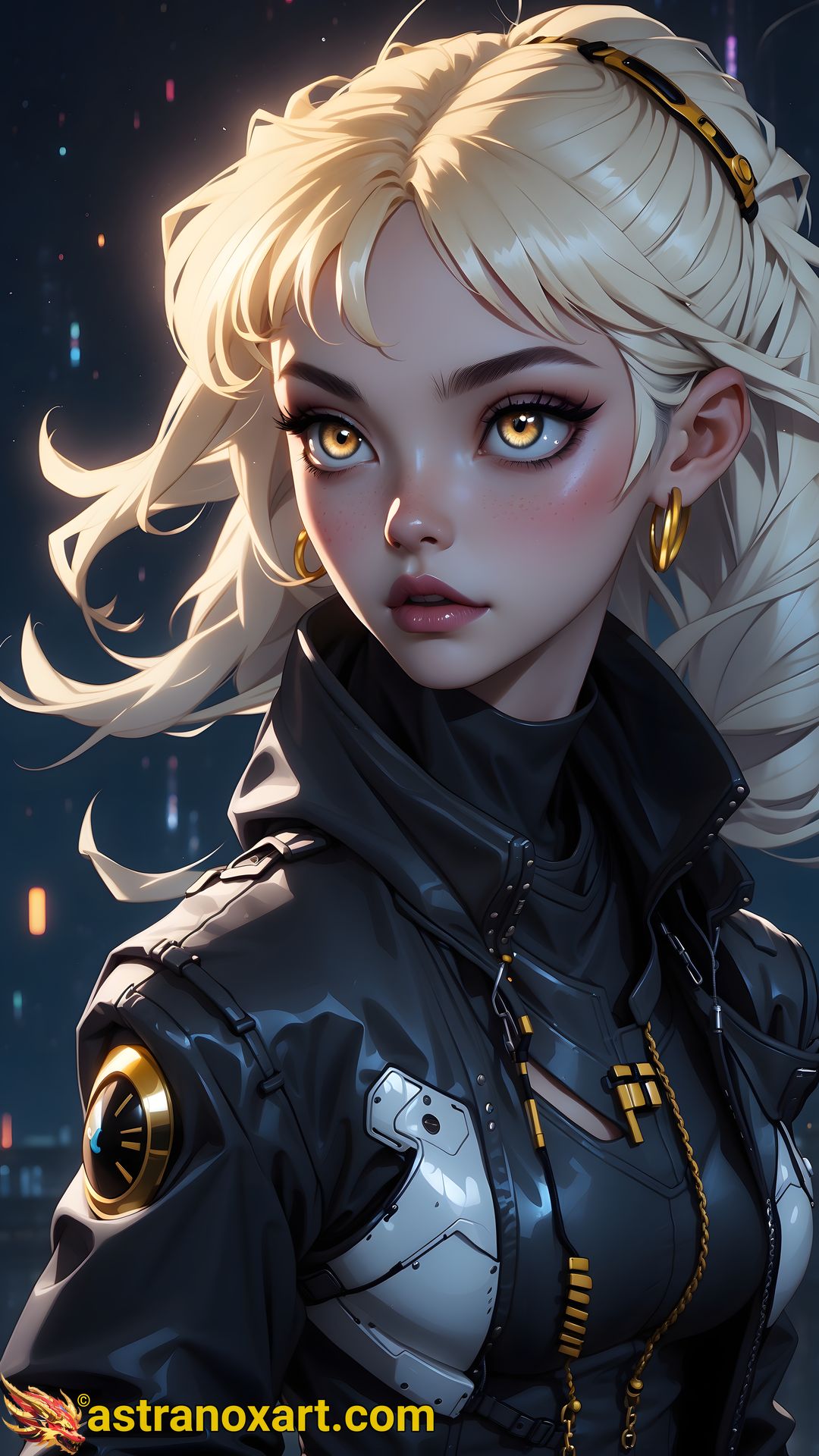 Female Galactic Racer 4K wallpaper: Anime beauty with blonde hair and piercing gold eyes stands out against the backdrop of a rain-soaked, urban landscape lit by neon lights. Showcasing her advanced cybernetic enhancements in a sleek and stylish manner. Perfect balance between sophistication and danger. Astranox Art