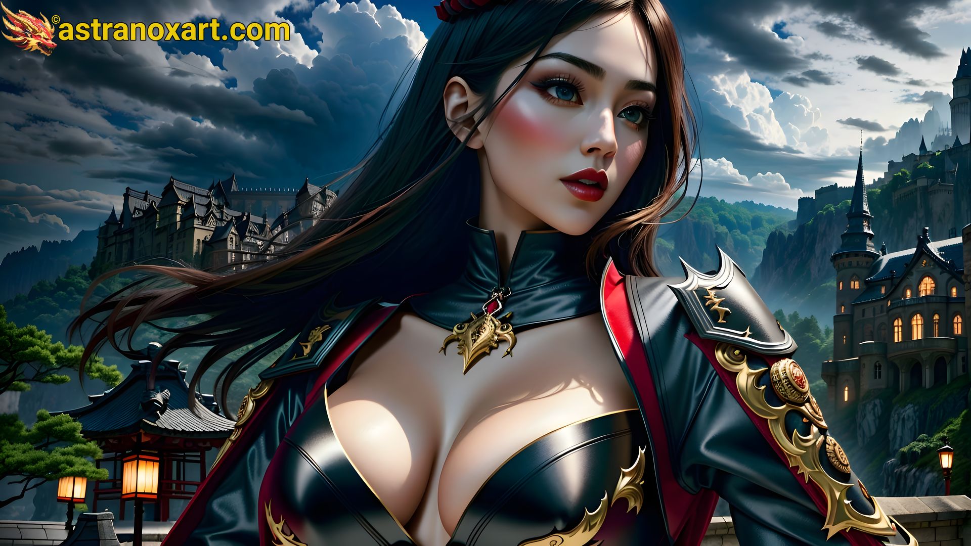 Striking female warlock with blue eyes and brown hair, set against the enchanting backdrop of a modern cityscape at dusk - 4K fantasy wallpaper bringing magic to life Astranox Art