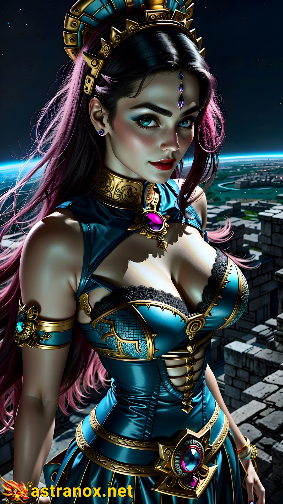 Stunning portrait of a female cleric with heterochromia eyes and curly purple hair in an urban dusk setting - 4K fantasy portrait, a vision of enchantment Astranox