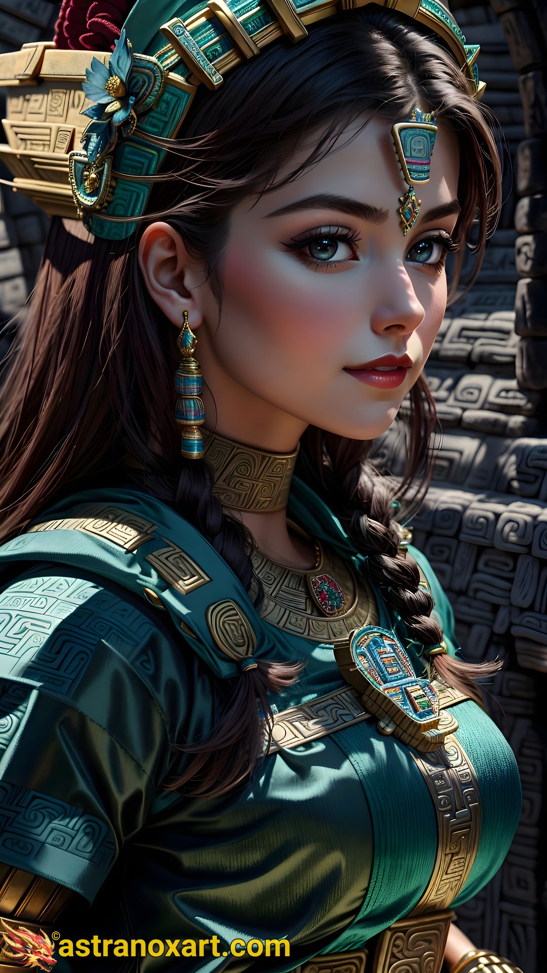 Captivating portrait of a female Templar with striking grey eyes and flowing brown hair, set in a Mayan-inspired urban landscape - 4K fantasy portrait, an enigmatic journey to the unknown Astranox Art