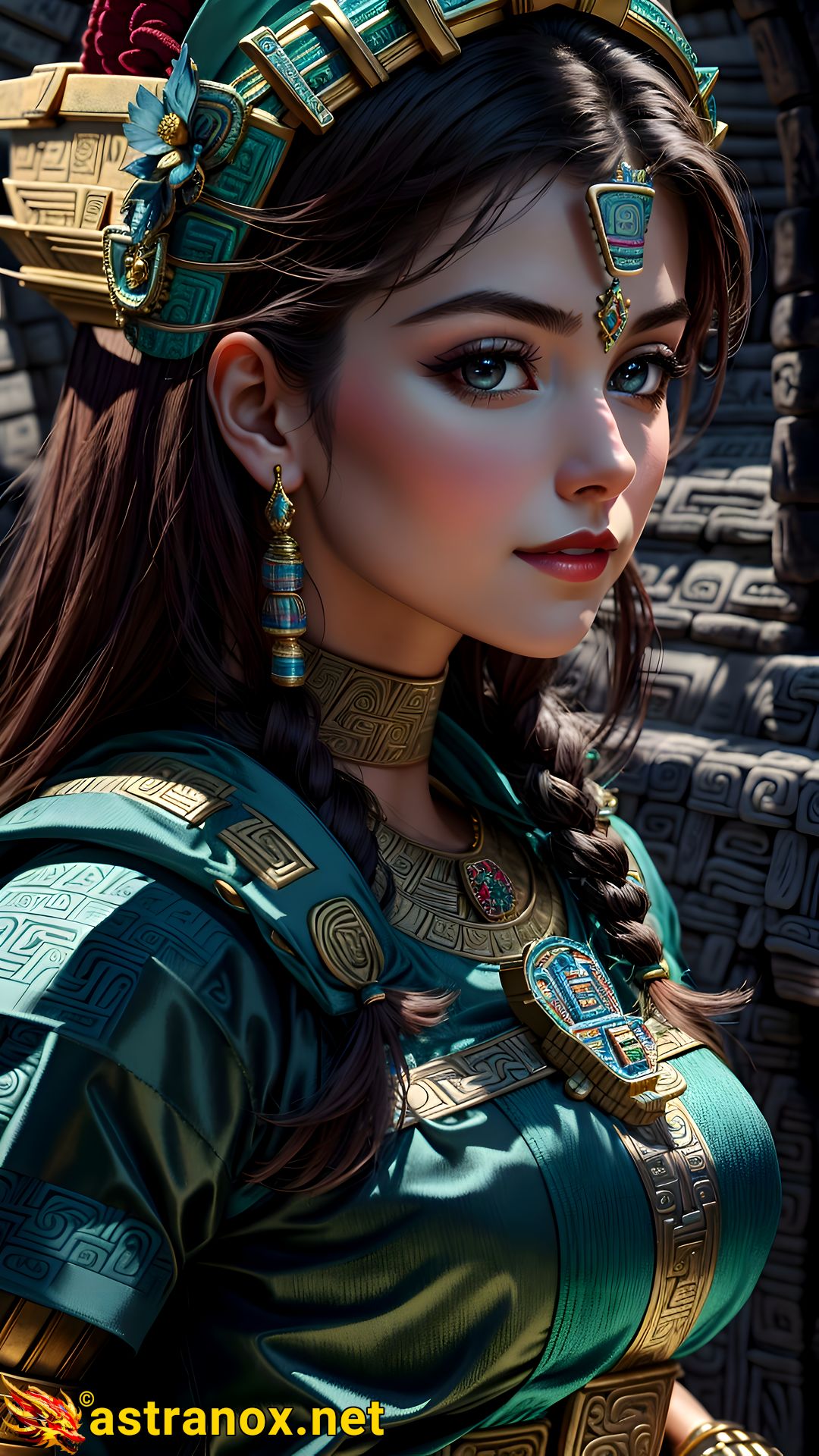 Captivating portrait of a female Templar with striking grey eyes and flowing brown hair, set in a Mayan-inspired urban landscape - 4K fantasy portrait, an enigmatic journey to the unknown Astranox