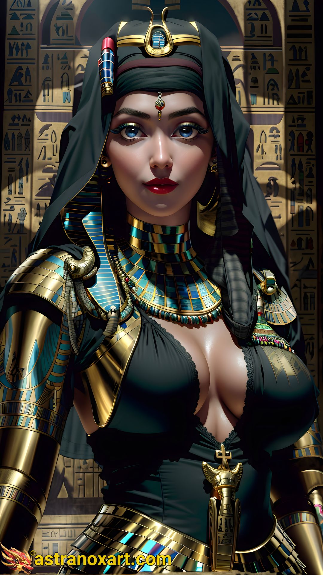 Enchanting portrait of a female Priest with captivating blue eyes and lustrous black hair, set against an Egyptian pyramid - 4K fantasy portrait, an enchanting journey to enchantment Astranox Art