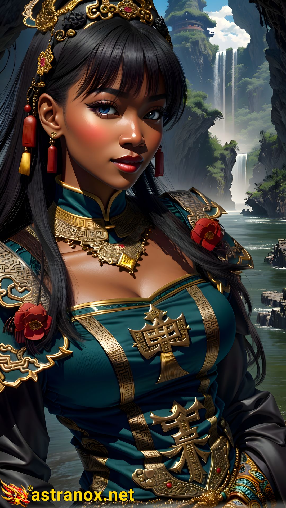 Enchanting portrait of a female Priest with deep blue eyes and Burgundy attire by the riverside - 4K fantasy portrait, a journey to enchantment in the African-inspired fantasy world Astranox