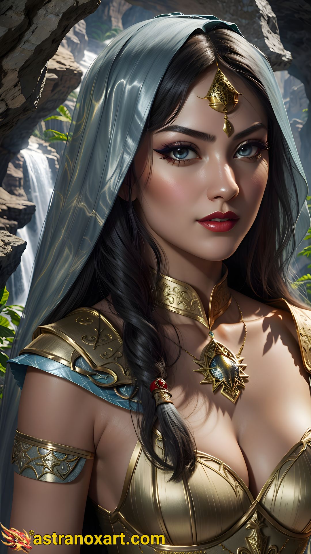 Enchanting portrait of a female Sorcerer with striking blue eyes and straight black hair by the mountain in the daytime - 4K fantasy portrait, an invitation to explore a world of magic and wonder Astranox Art