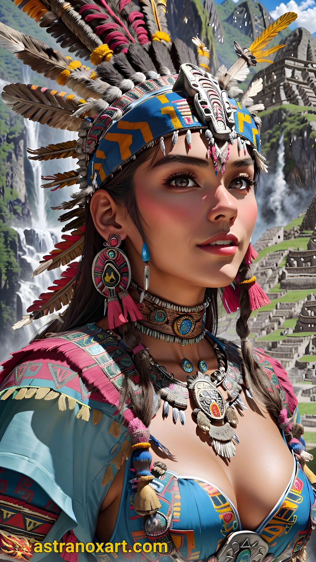 Mystical portrait of a female Shaman with captivating grey eyes and straight black hair against the majestic mountains in the daytime - 4K fantasy portrait, an invitation to embark on a journey into the mystical and enchanted Astranox Art