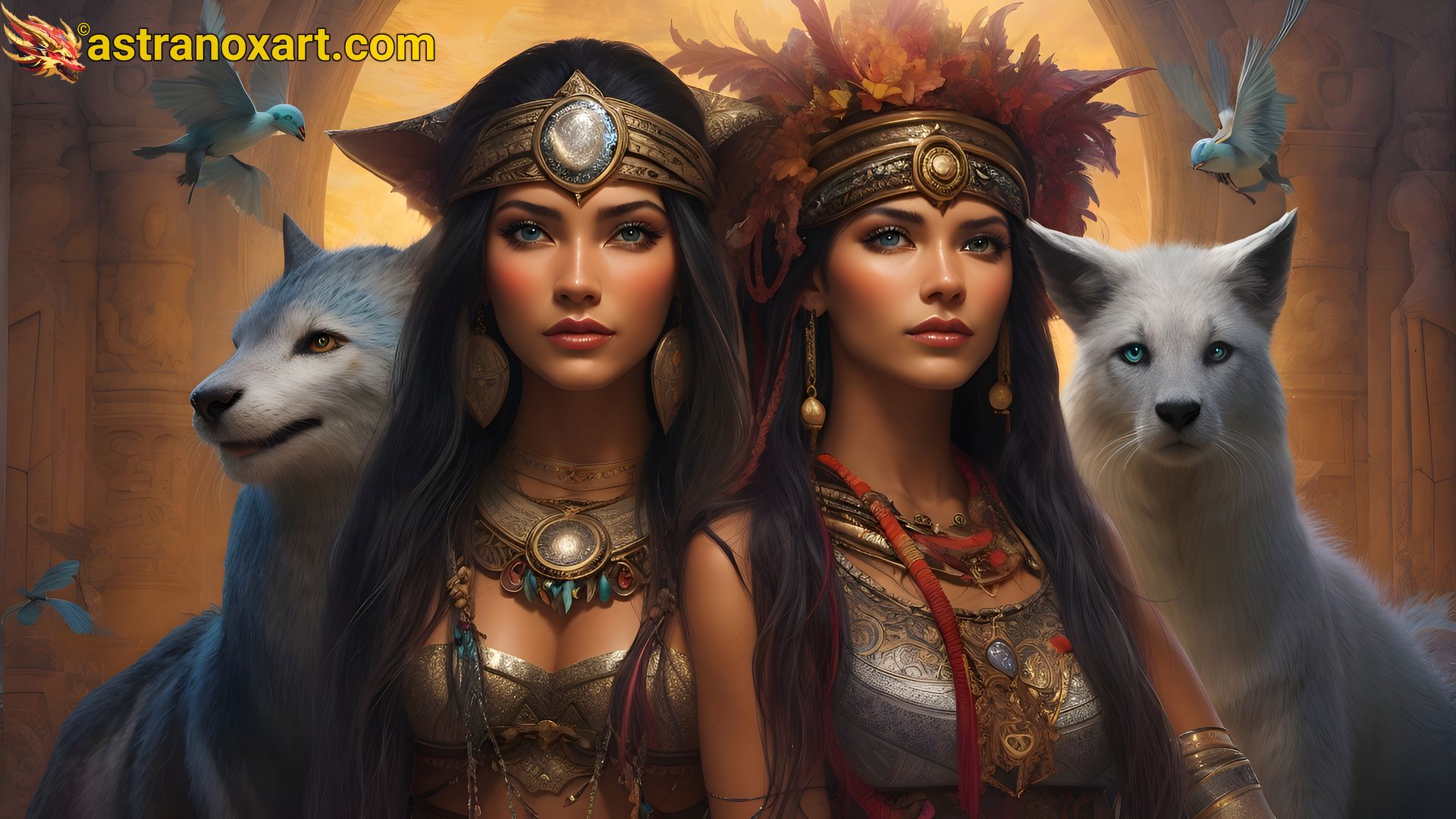 Enchanting 4K wallpaper: two female shamans, magical circlets, feline companions, and more in a world of mystical wonder Astranox Art