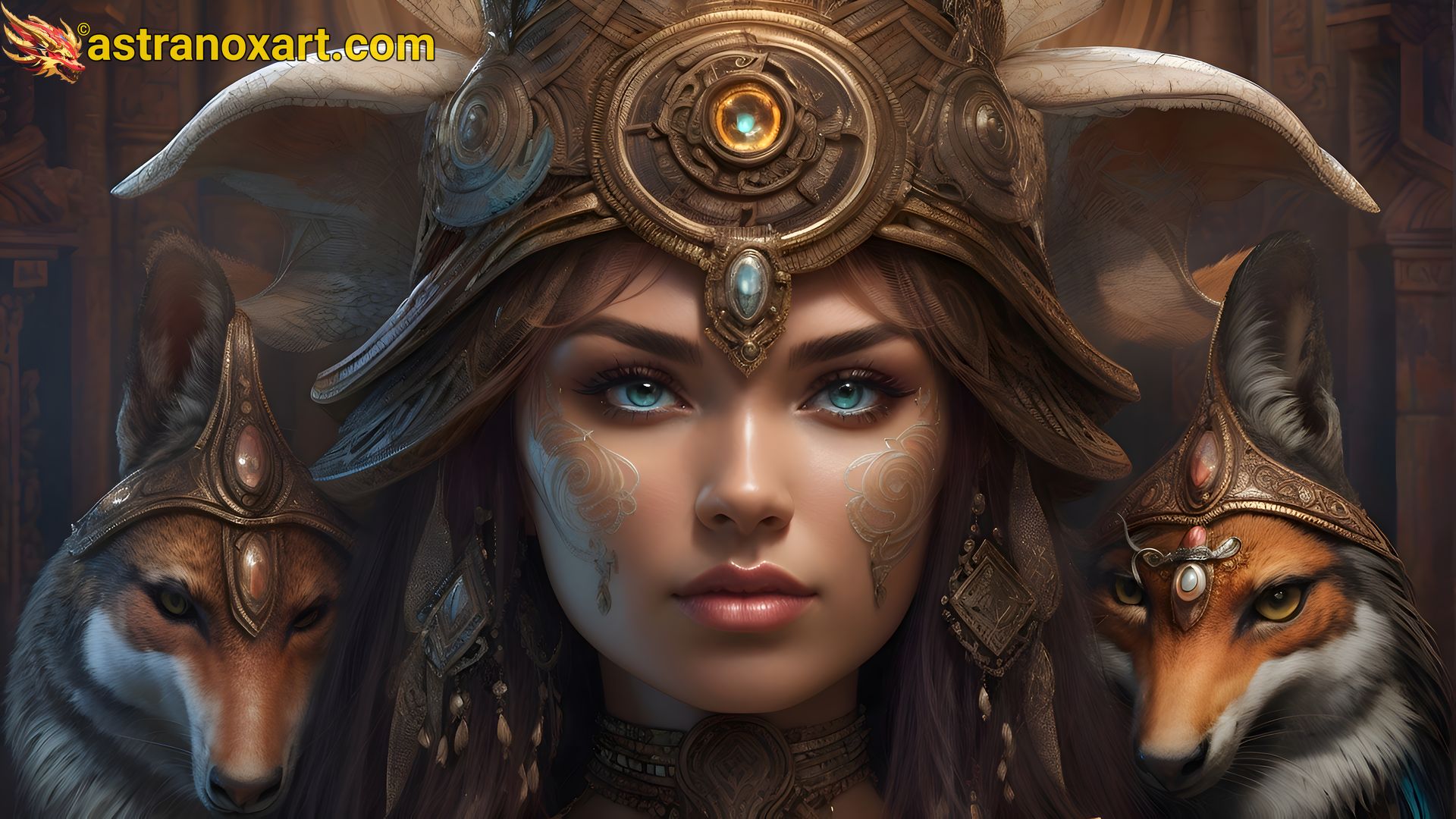 Enchanting 4K Wallpaper: Close-up of a legendary witch with a magical helmet and mystical fox-like creatures Astranox Art