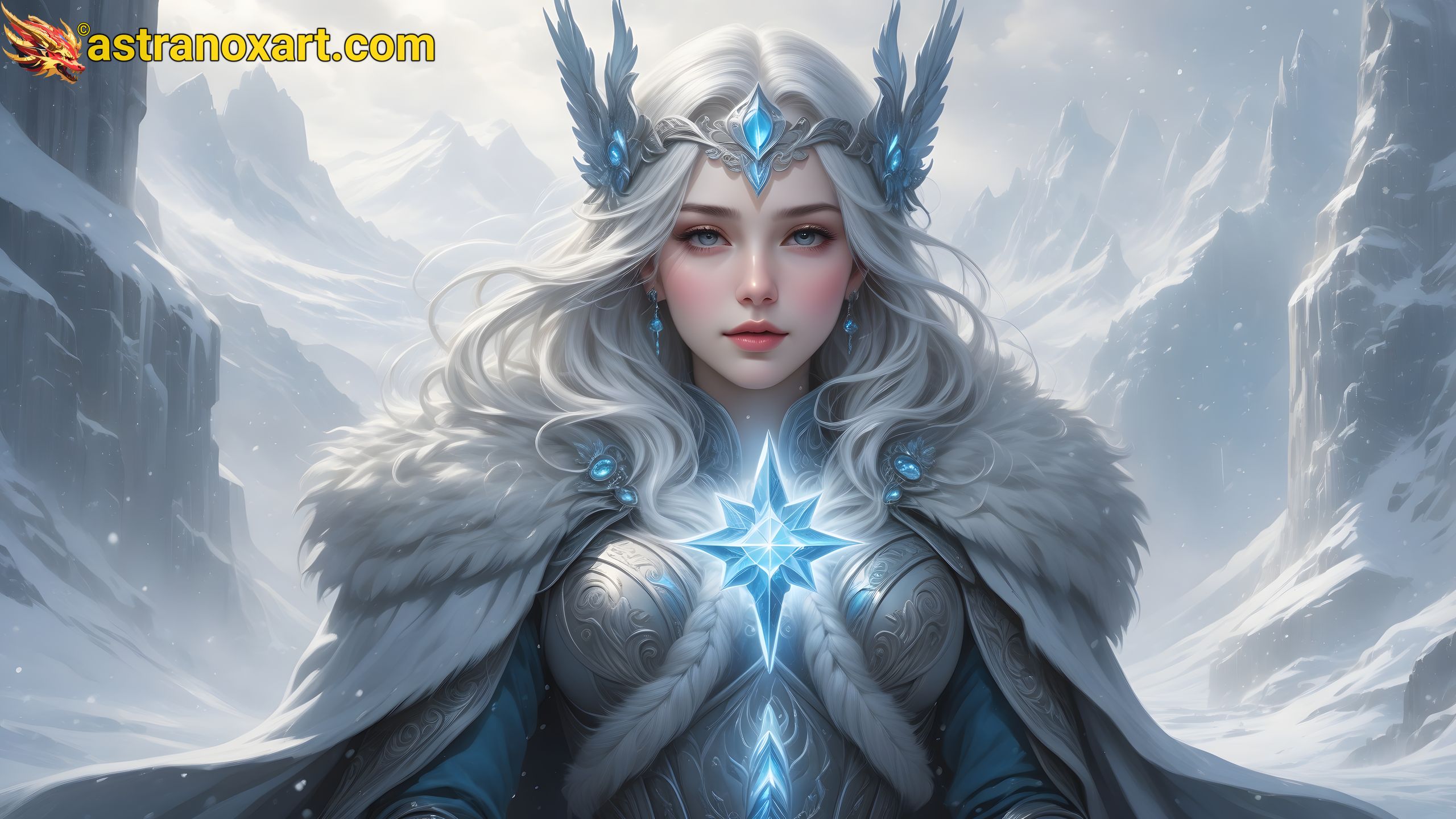 4K Wallpaper: Female shaman commands ice spirits in the Howling Tundra of Frost. Astranox Art