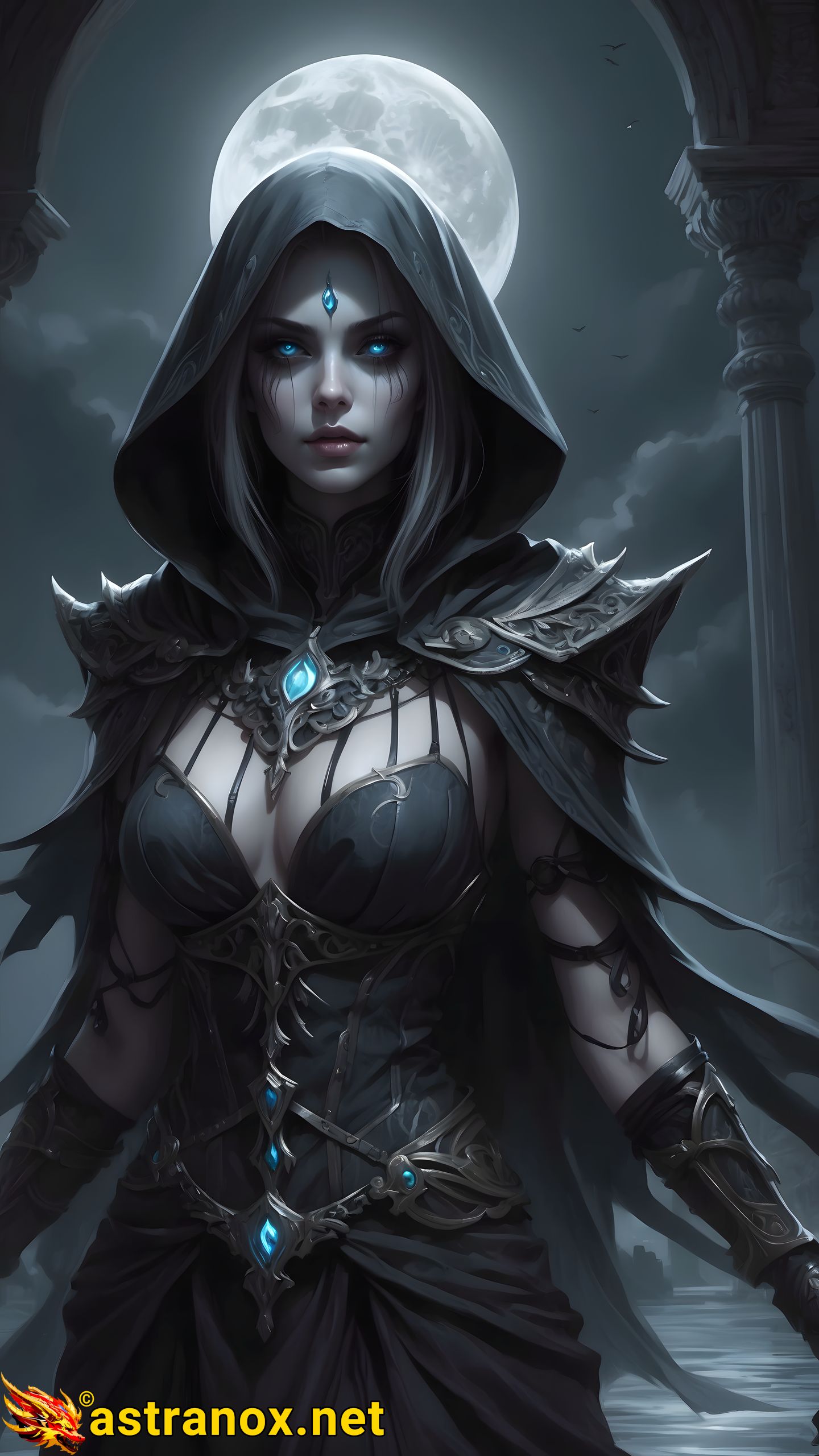 A captivating female necromancer harnesses her powers by a flowing river in this mesmerizing 4K wallpaper. Astranox