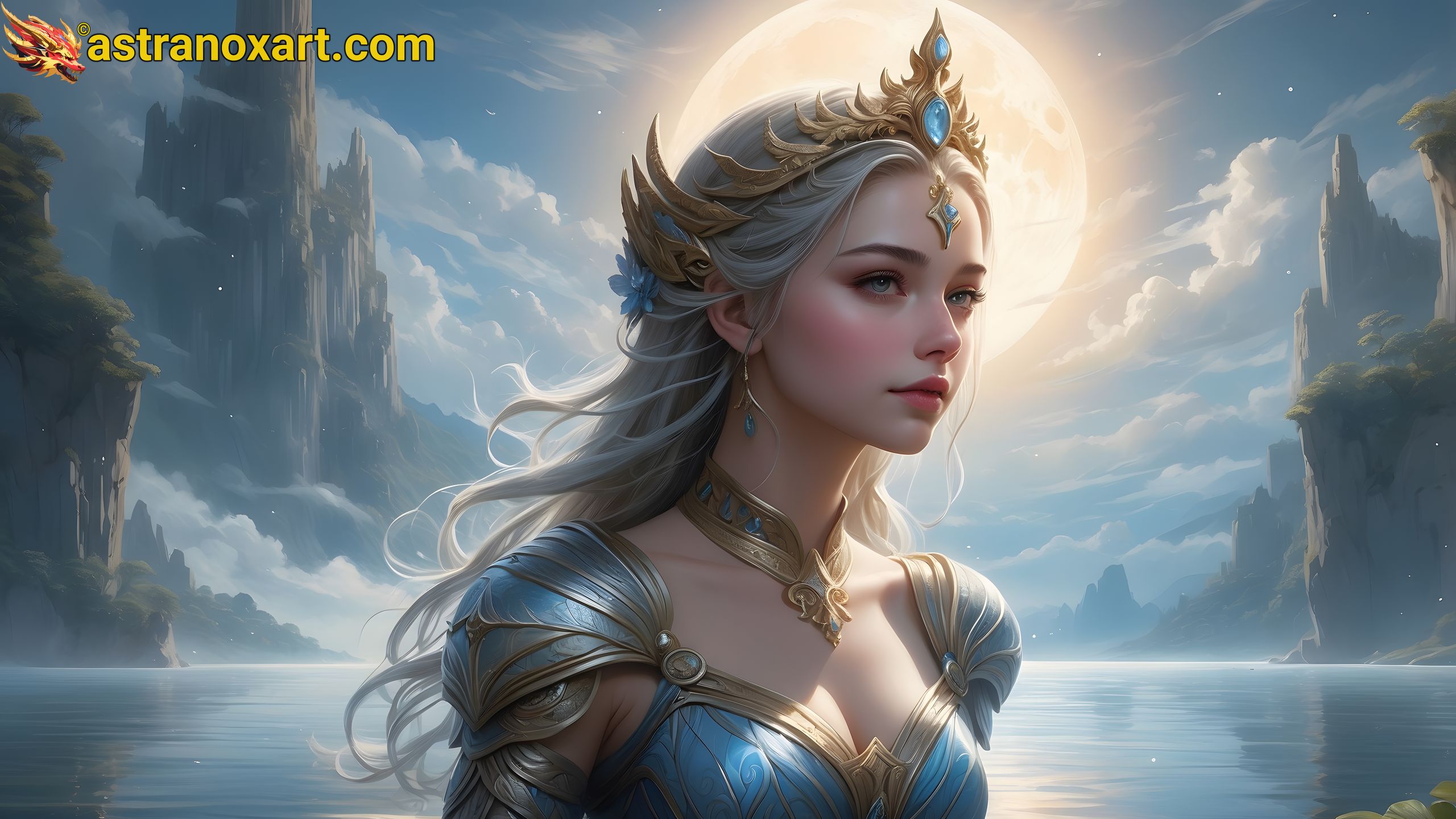 Stunning female cleric by a shimmering lake under a jaw-dropping celestial ballet, a captivating 4K wallpaper. Astranox Art