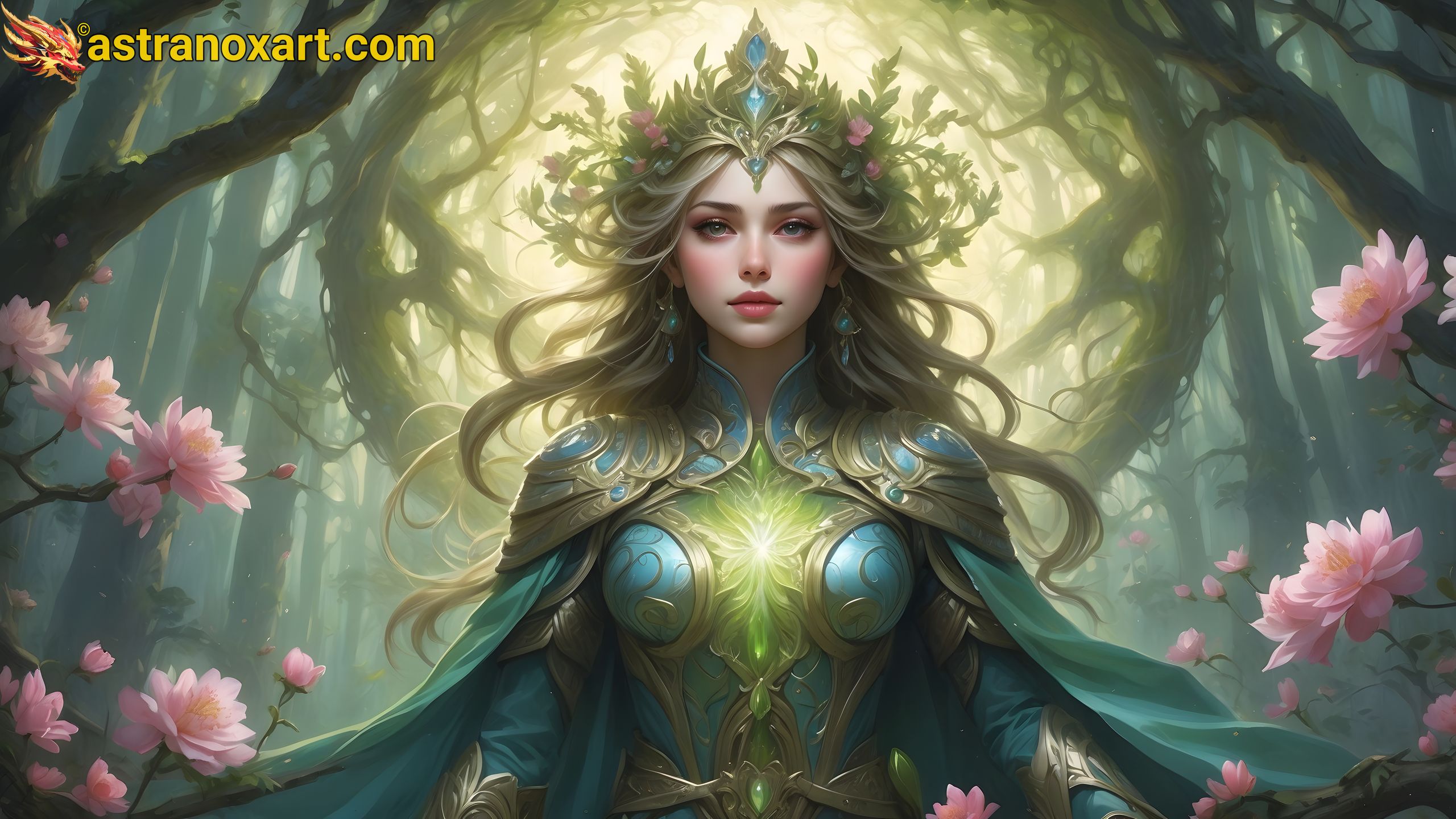 A female priest radiates healing energy in the Enchanted Blossom Grove, surrounded by towering blossoms and ethereal creatures in this 4K wallpaper. Astranox Art