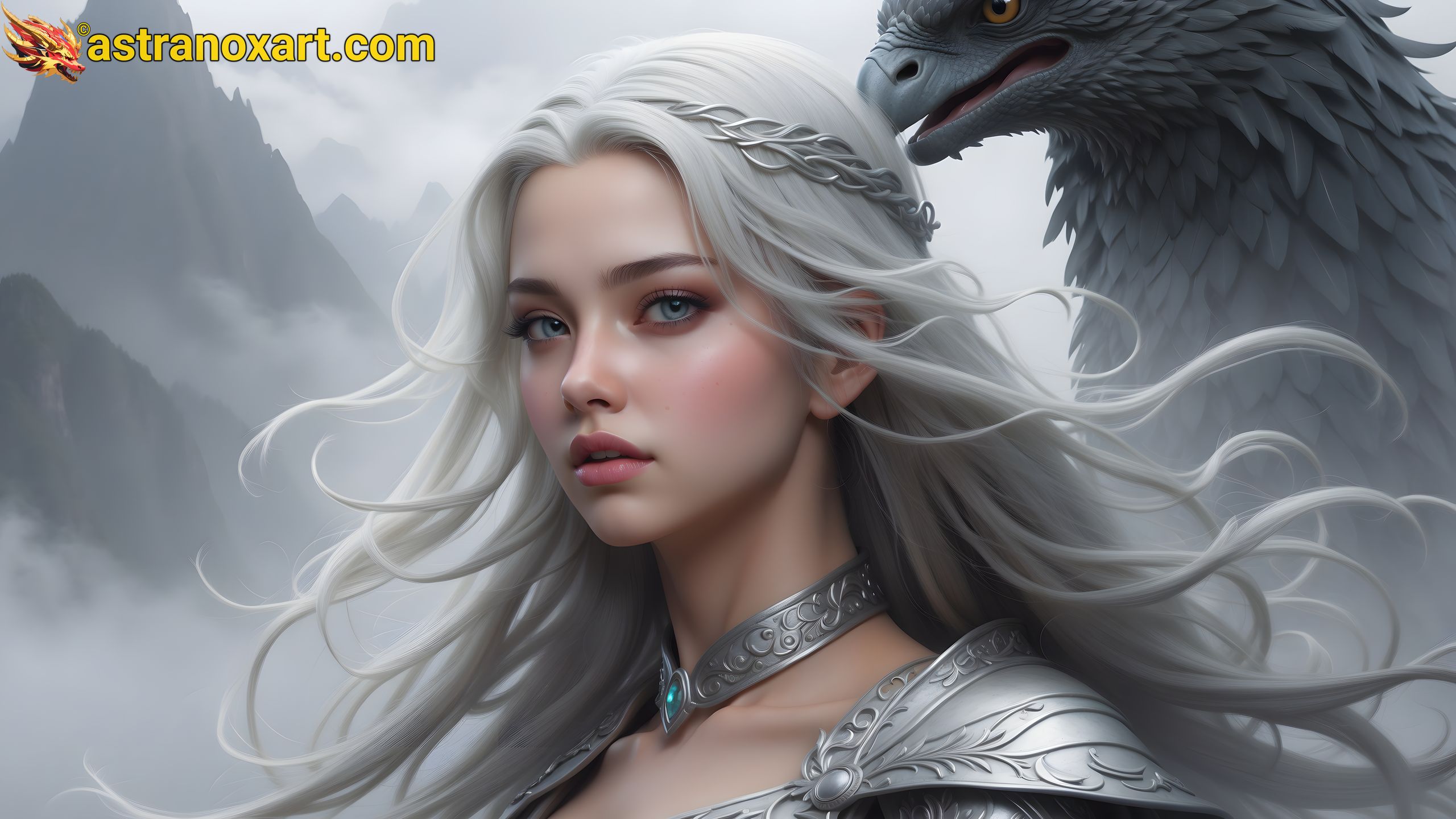 A silver-haired sorceress chants forbidden spells amidst misty mountains with her black feathered gryphon companion in this 4K wallpaper. Astranox Art