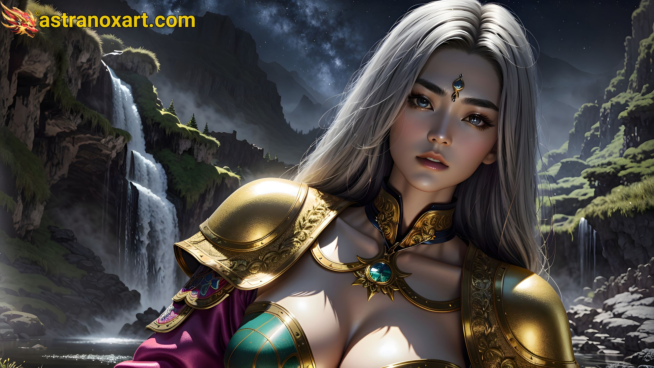 Fearless warrior by an enchanted waterfall at dusk, embodying power and strength - Fantasy HD 2K 4K wallpaper Astranox Art