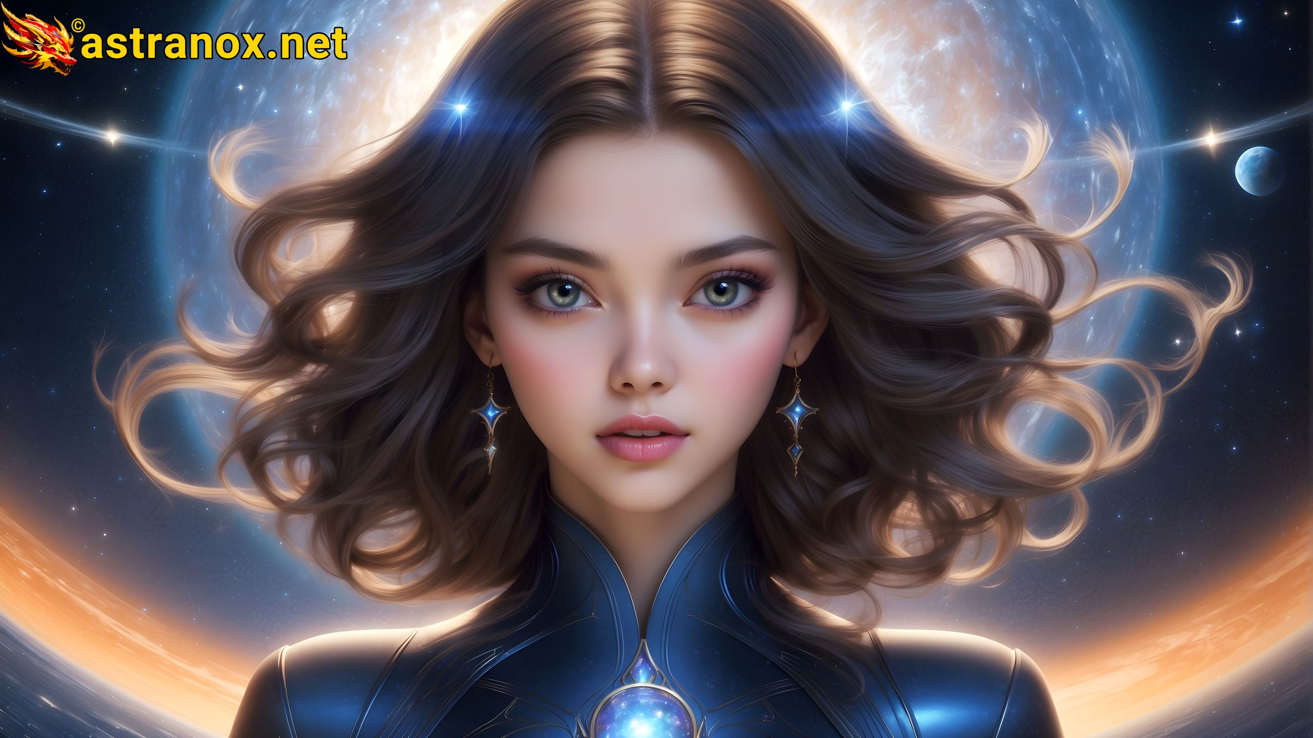 An enchanting 4K wallpaper depicting a star witch amidst the celestial observatory of an astral sanctuary, her hair shimmering with stardust and nebulae. Astranox