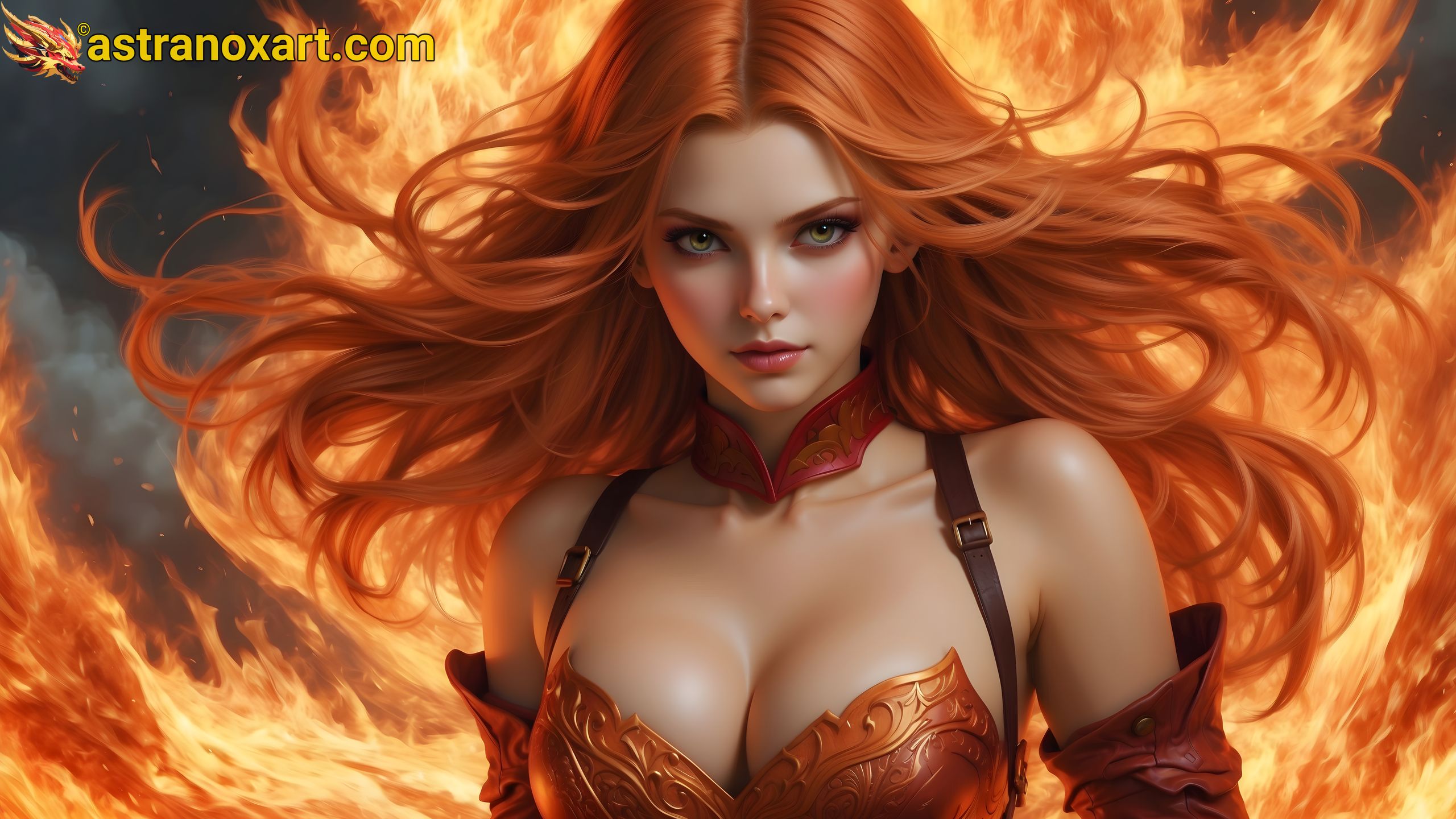 An enchanting 4K wallpaper featuring a fiery enchantress amidst the blazing beauty of the Crimson Citadel of Infernus. Astranox Art