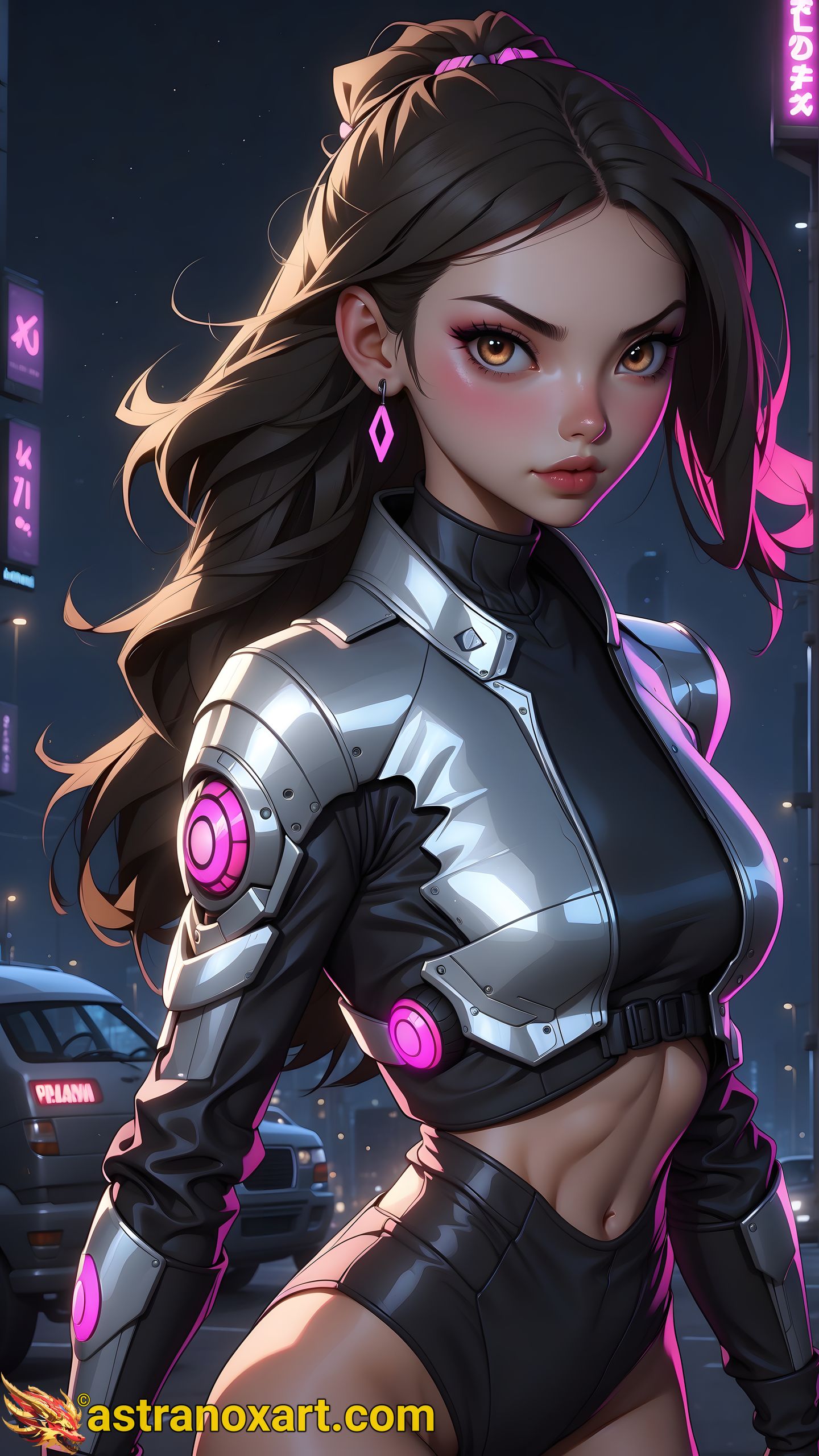 4K Wallpaper - Dark Gothic Fantasy Assassin Woman in Neon-Lit City Astranox Art