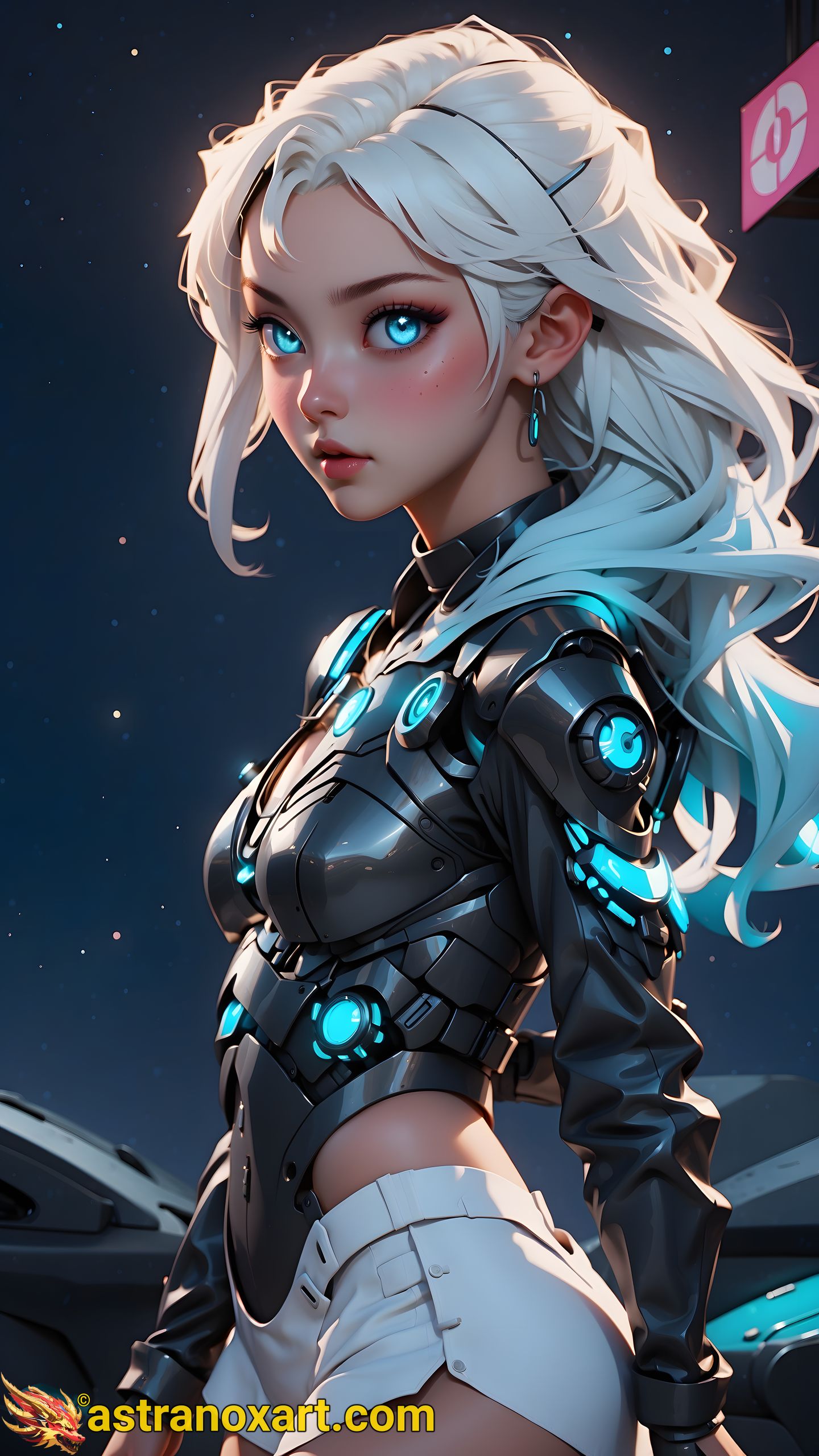 A cybernetic world meets magic in the female Druid of the Stars, a stunning beauty amidst the junkyard. With platinum hair, red lips, and blue eyes, she stands out against discarded tech and neon lights. A work of art with cybernetic enhancements, she embodies both fantasy and technology. Astranox Art