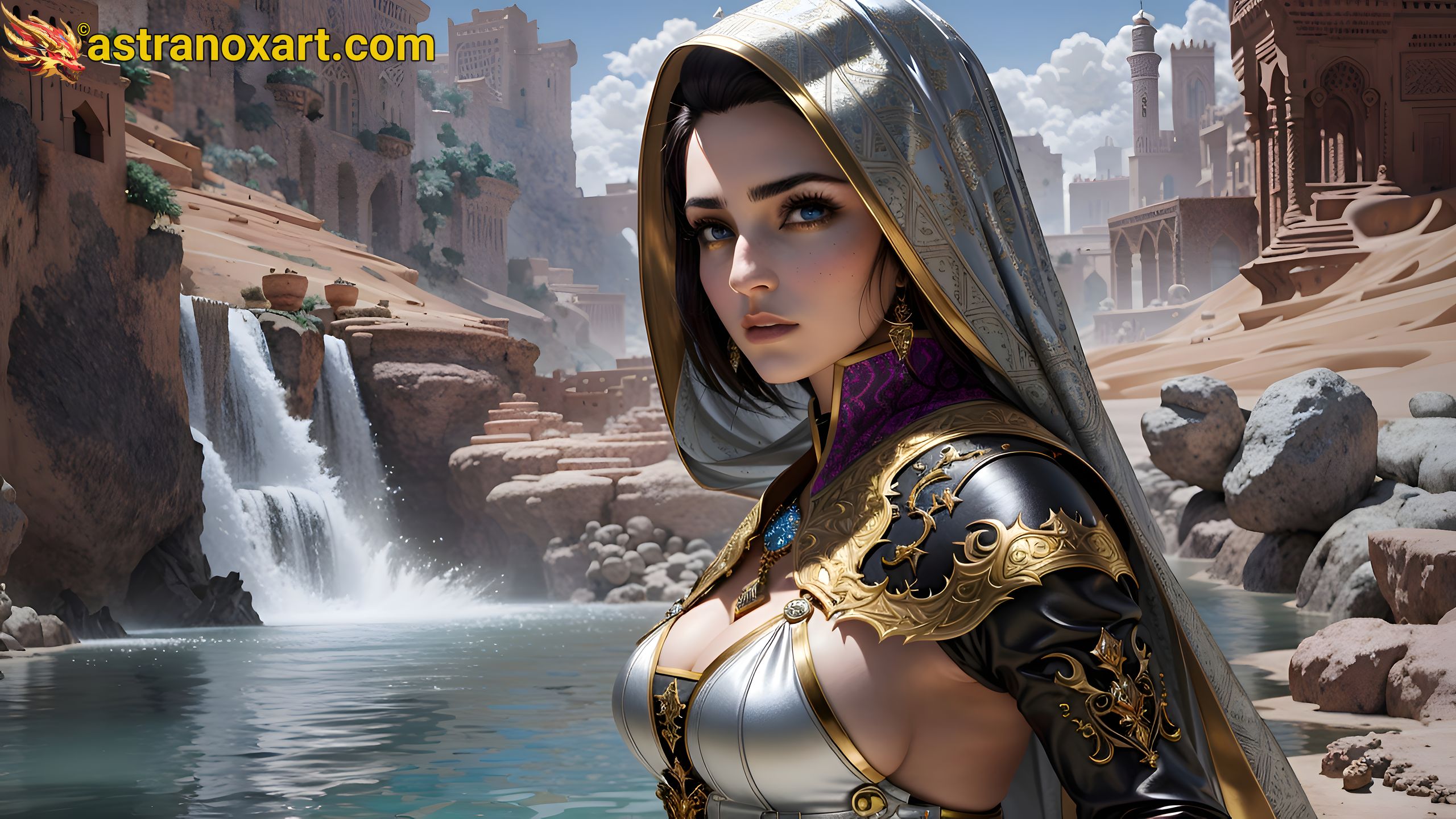 Warlock with blue eyes and black hair overlooking a captivating cityscape by the waterfront in the Middle East at daytime - 4K fantasy wallpaper capturing the essence of magic Astranox Art