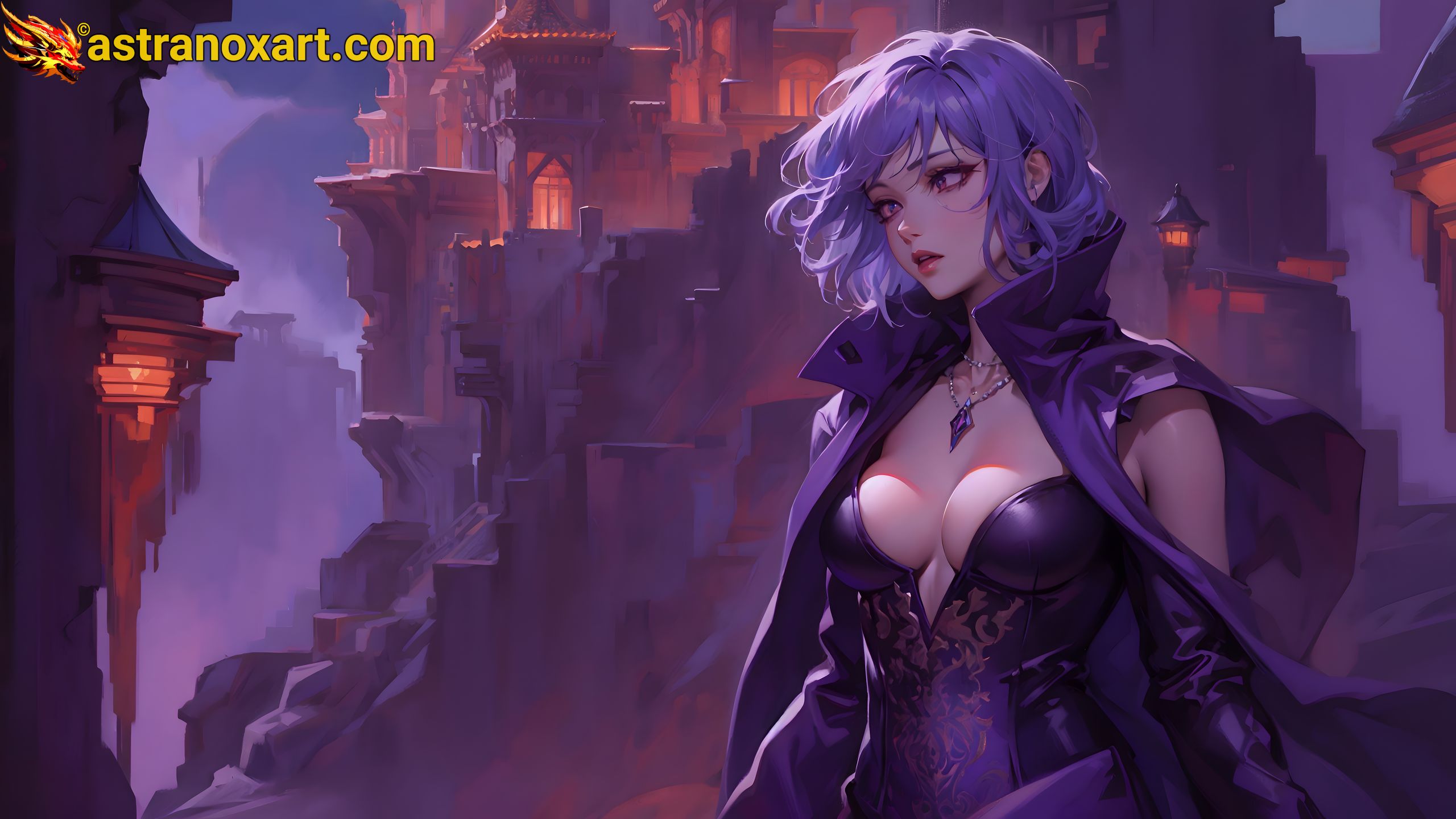 A captivating 4K wallpaper depicting a stunningly beautiful sinister sorceress of Japanese, Russian, and Polynesian origins, clad in a revealing purple corset and leather pants, with waist-length lavender hair streaked with lighter tips, reigning as the cruel mistress over The Nighthold, a twisted realm of eternal darkness. Astranox Art