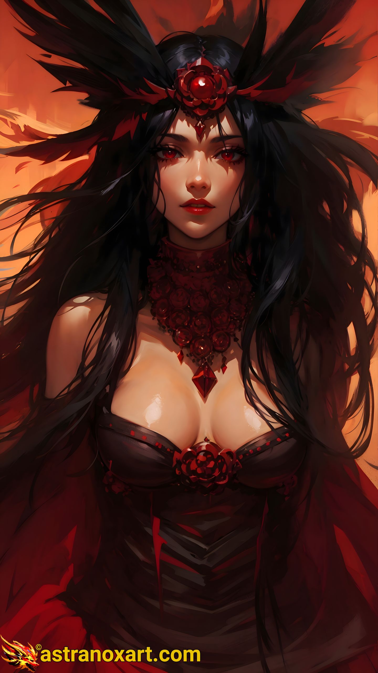 Captivating 4K Fantasy Wallpaper - The Crimson Wastes - Alluring Dark Necromancer Priestess in Arid Crimson Desert Astranox Art