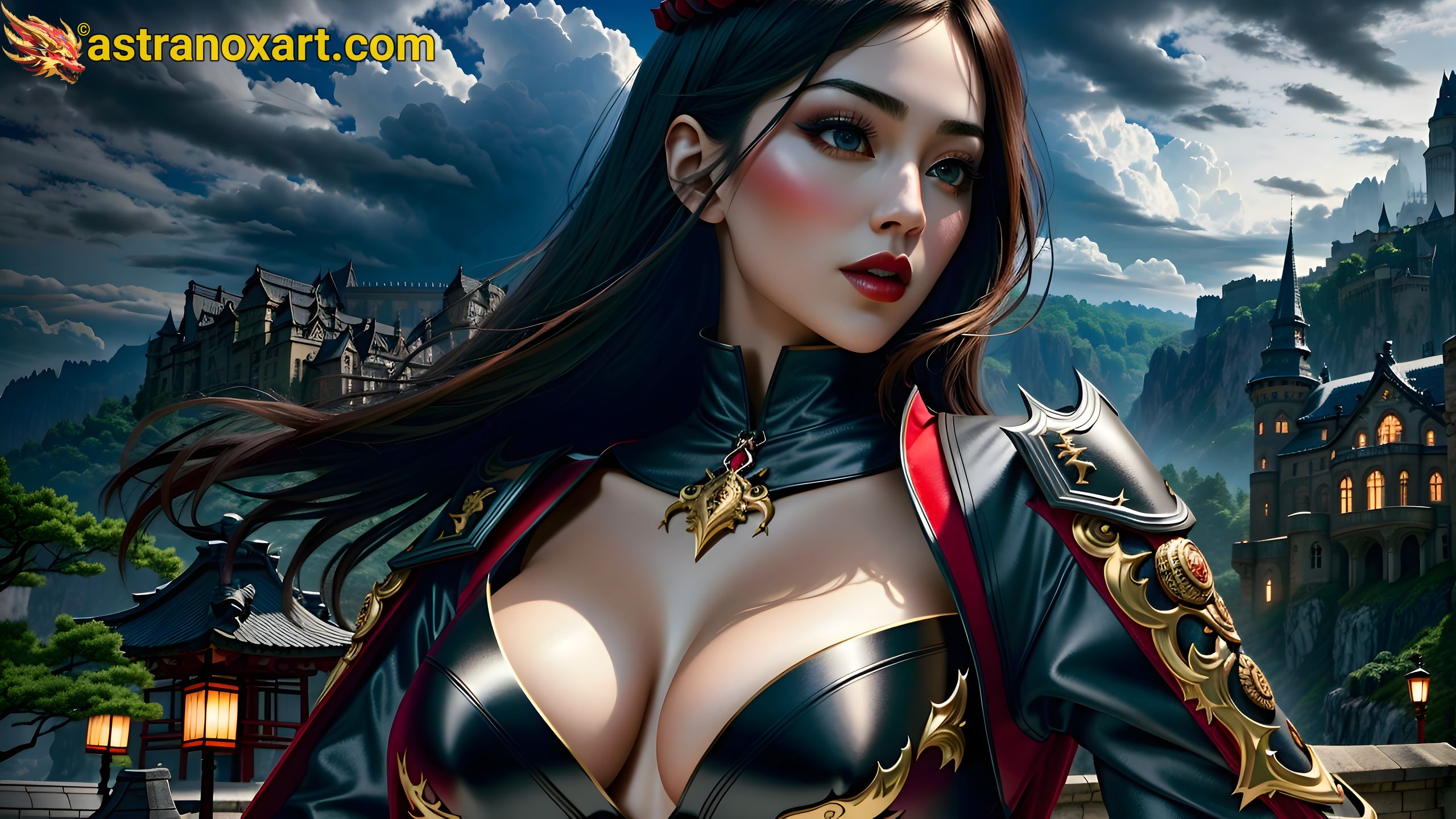 Striking female warlock with blue eyes and brown hair, set against the enchanting backdrop of a modern cityscape at dusk - 4K fantasy wallpaper bringing magic to life Astranox Art