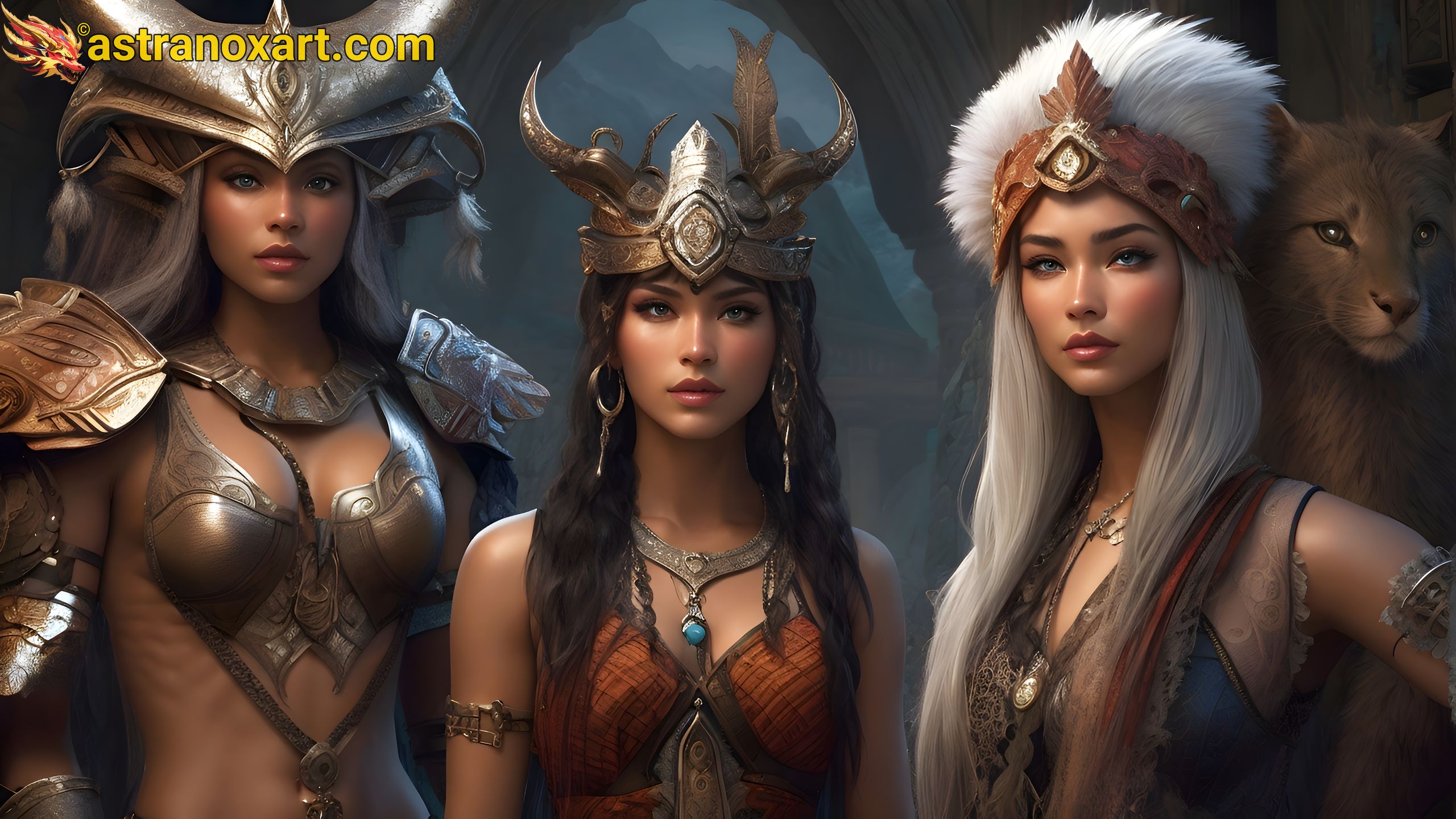 Mystical Trio - Platinum-Haired Witch, Abstract Shaman, and Silver-Armored Warrior in Fantasy 4K Wallpaper Astranox Art