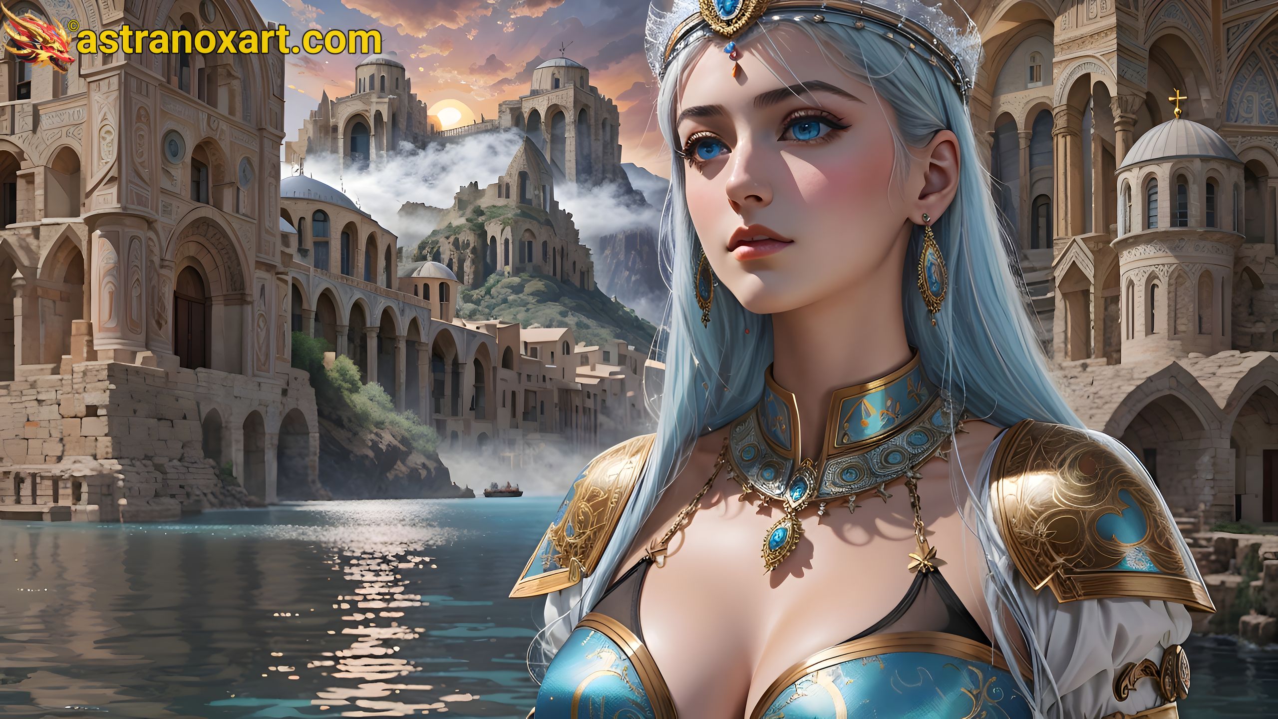 Mysterious woman by the tranquil lakeside at sunset - 4K wallpaper blending elegance and charm Astranox Art