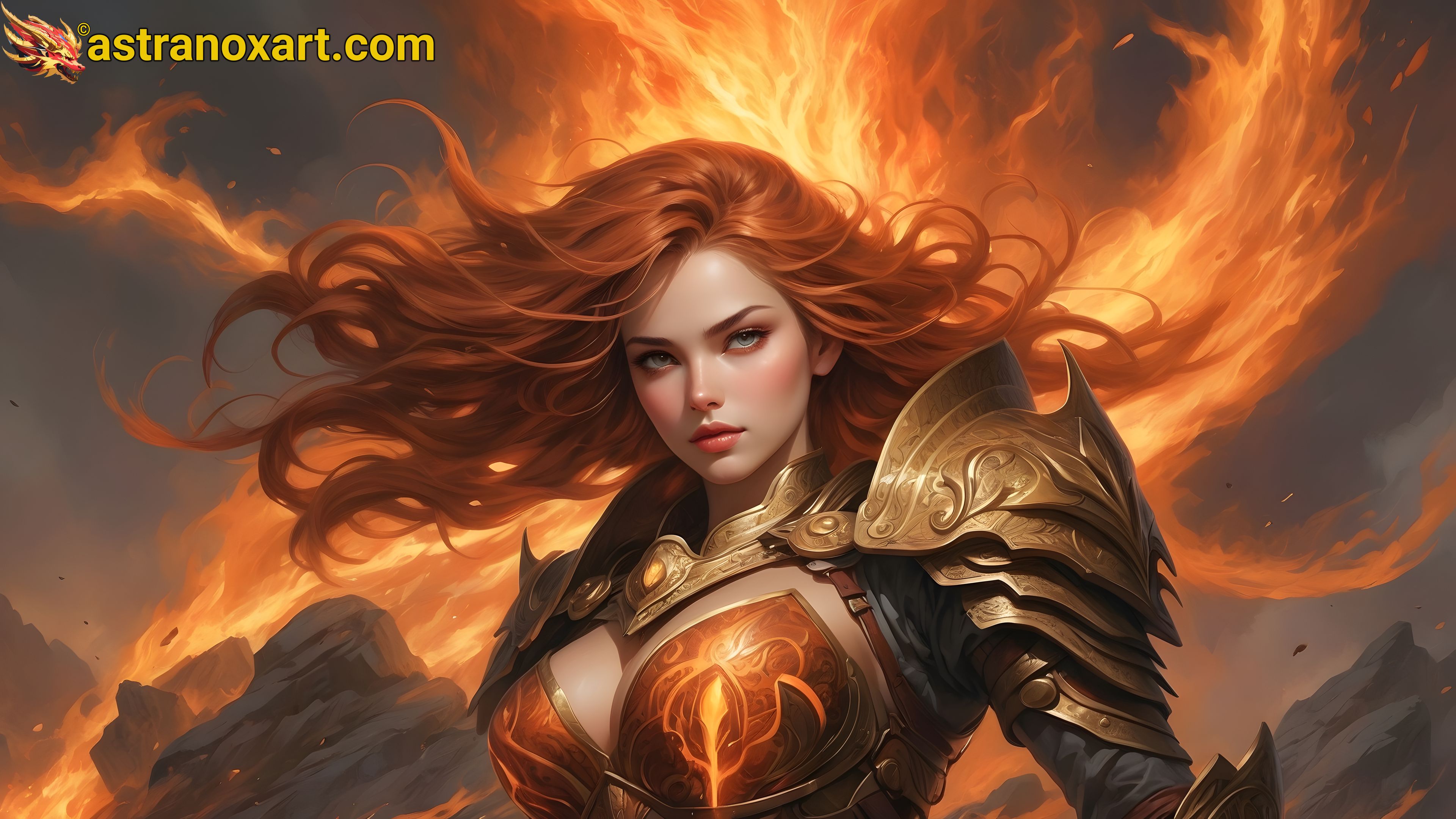 4K Wallpaper: Female warrior battles fiery creatures in the Molten Caldera Battleground. Astranox Art