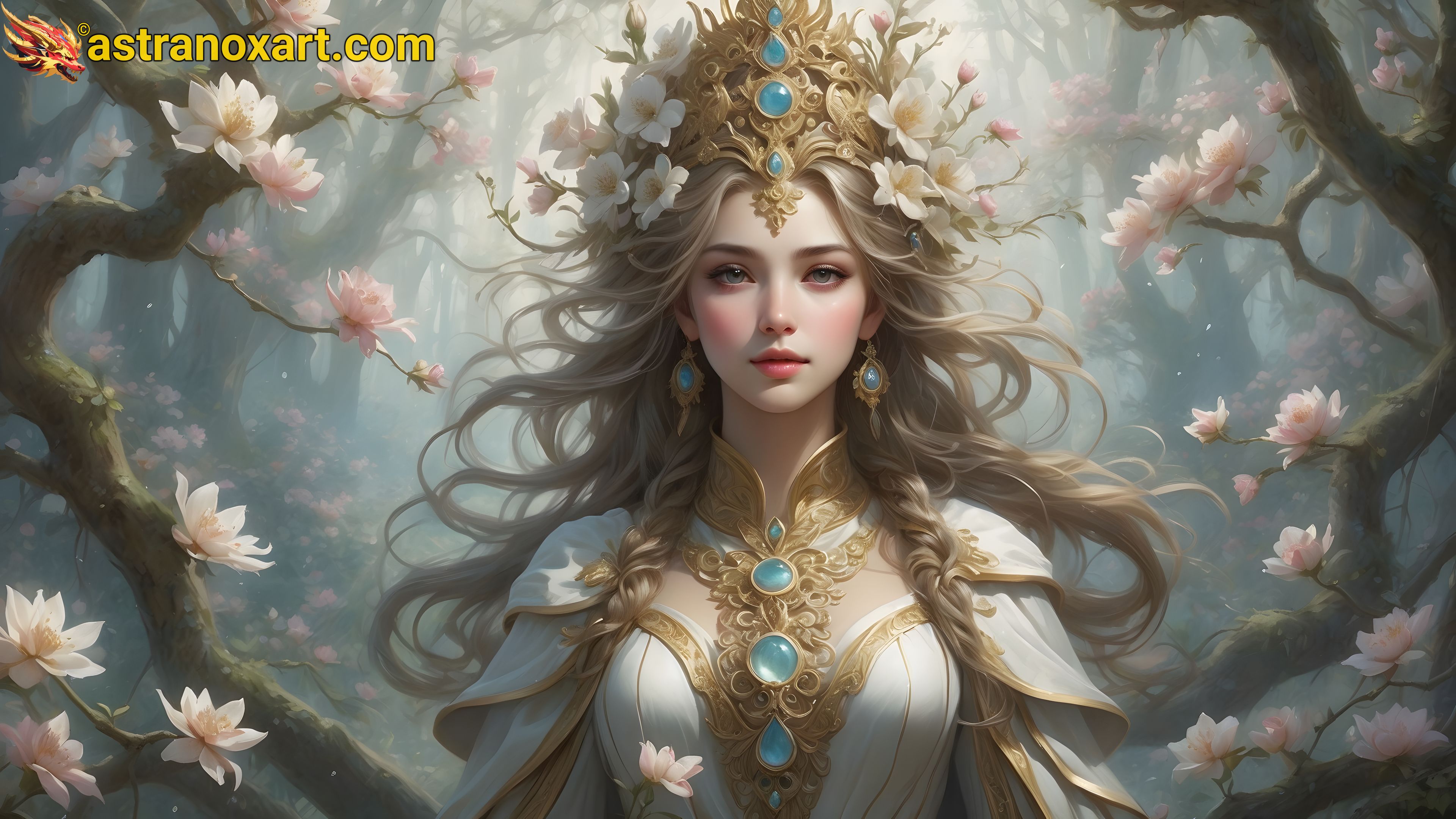 Enchanted Blossom Grove: Female priest radiates healing energy in this serene 4K wallpaper. Astranox Art