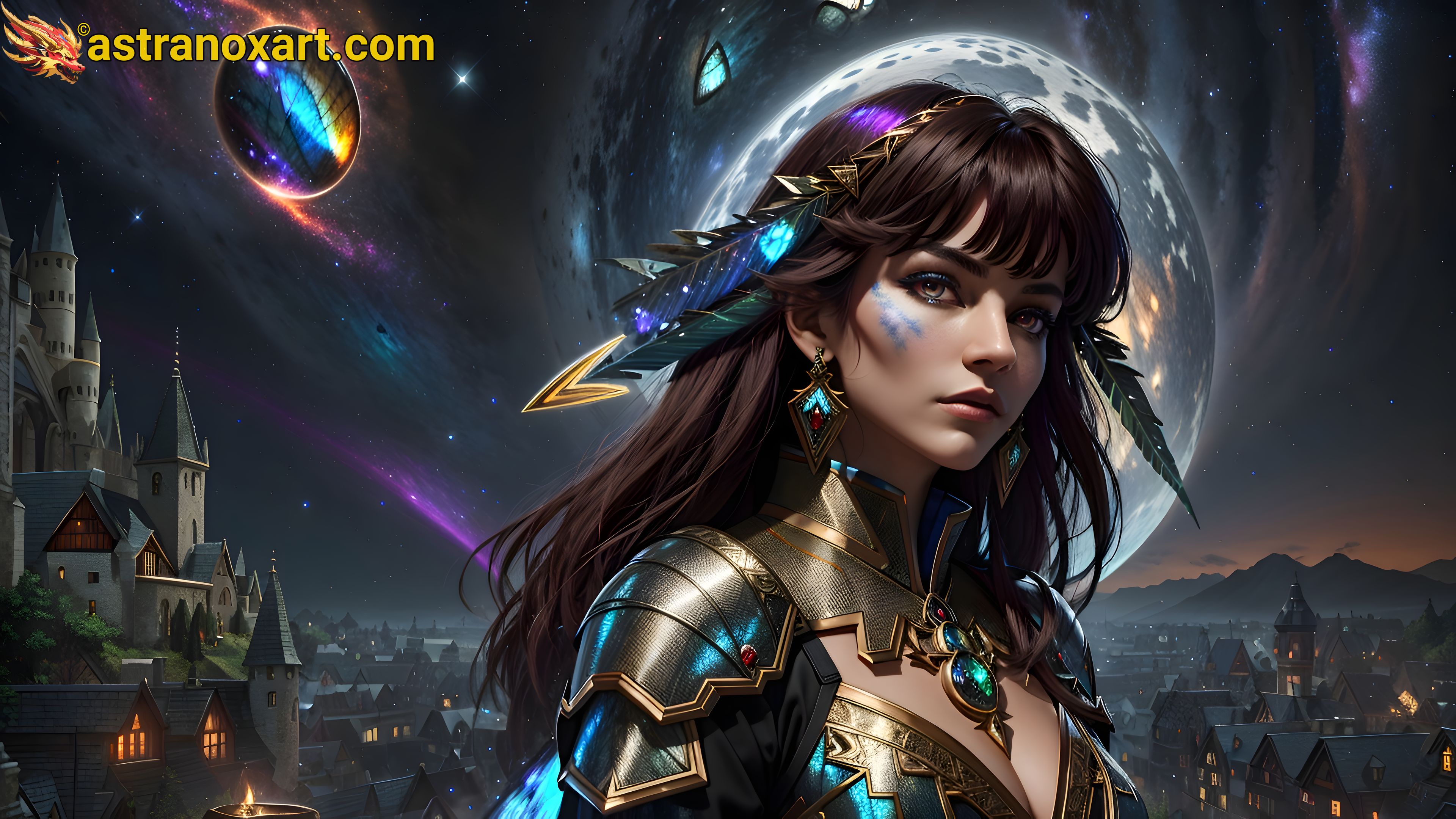 Female sorcerer with hazel eyes and straight brown hair in the bustling city at dusk - 4K wallpaper blending urban life and modern sorcery Astranox Art