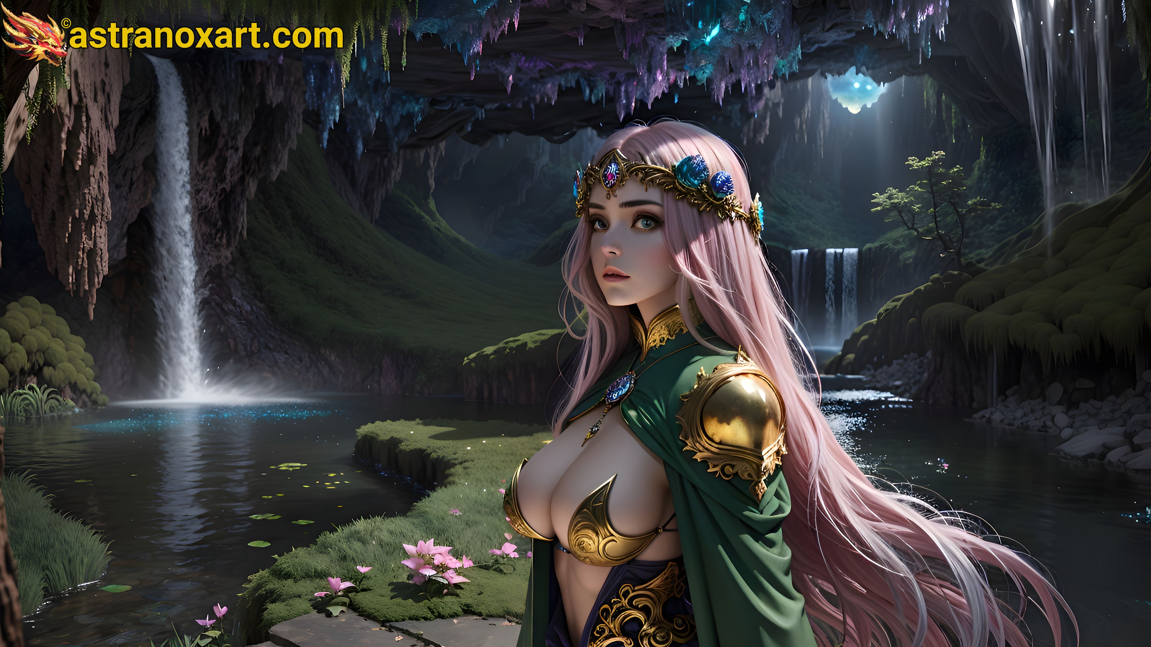 Sorceress with heterochromia eyes and pink hair in a mystical cave at daylight amidst the Americas' landscapes - 4K fantasy wallpaper capturing the essence of enchantment. Astranox Art