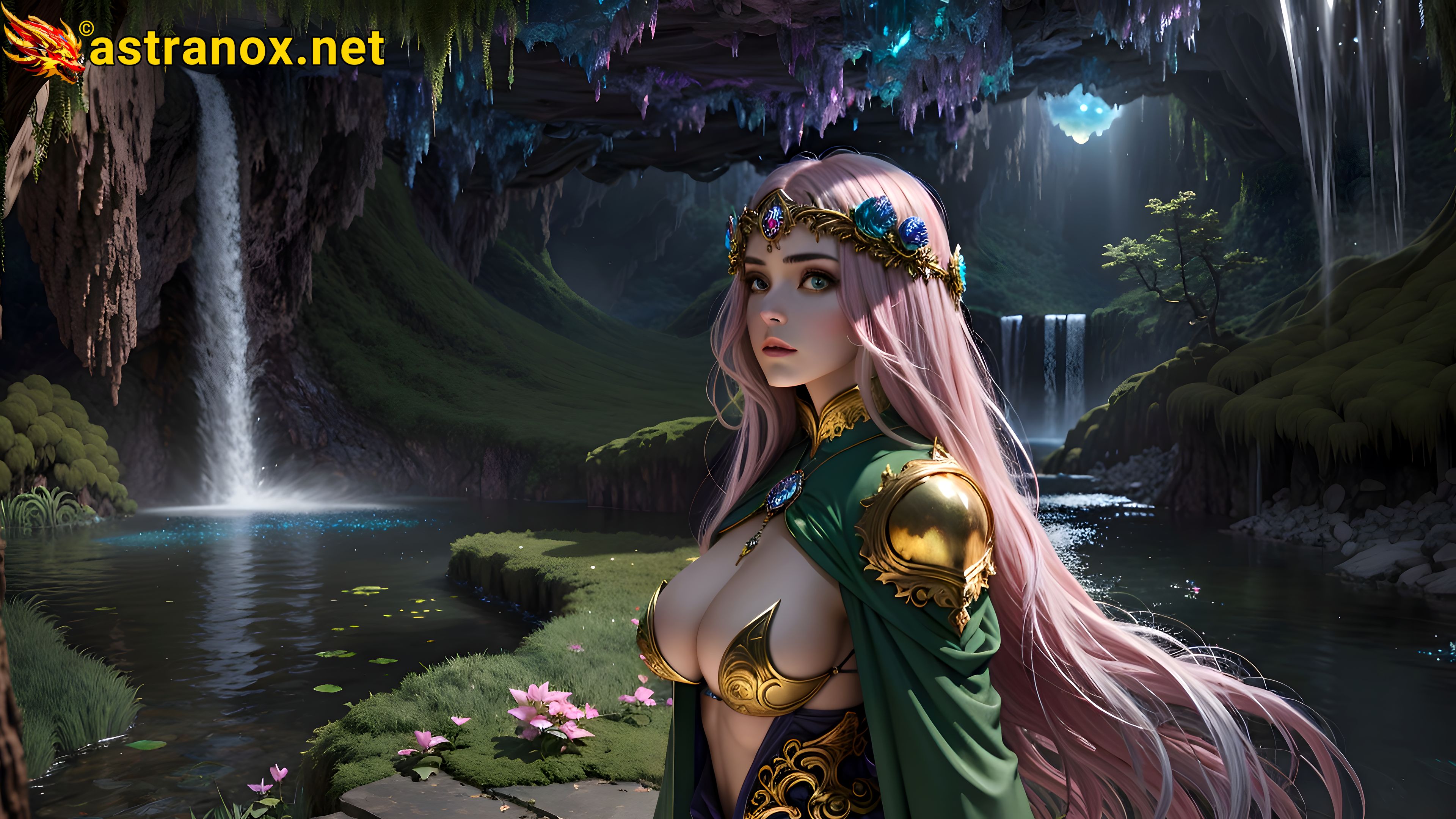 Sorceress with heterochromia eyes and pink hair in a mystical cave at daylight amidst the Americas' landscapes - 4K fantasy wallpaper capturing the essence of enchantment. Astranox