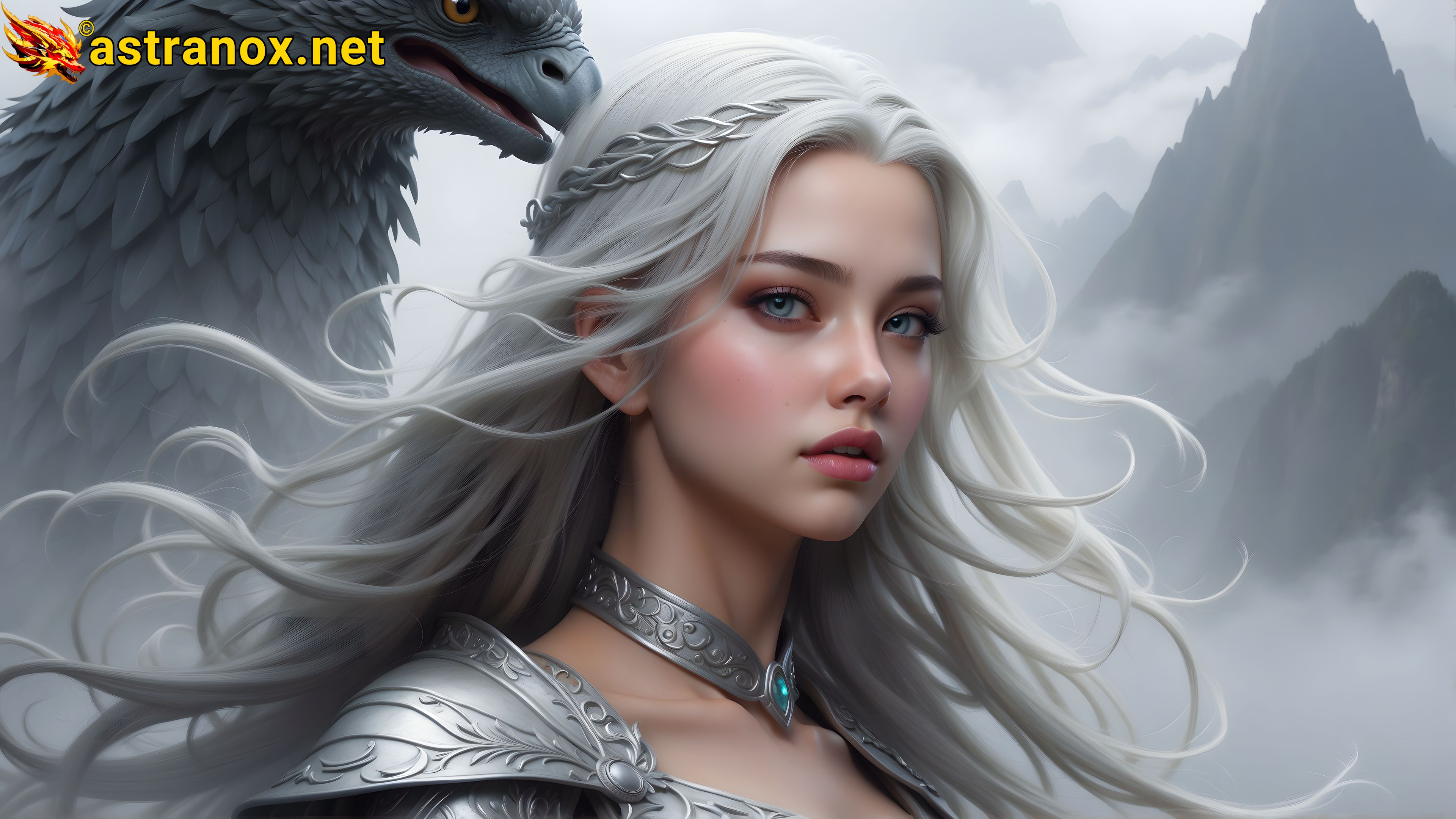 A silver-haired sorceress chants forbidden spells amidst misty mountains with her black feathered gryphon companion in this 4K wallpaper. Astranox