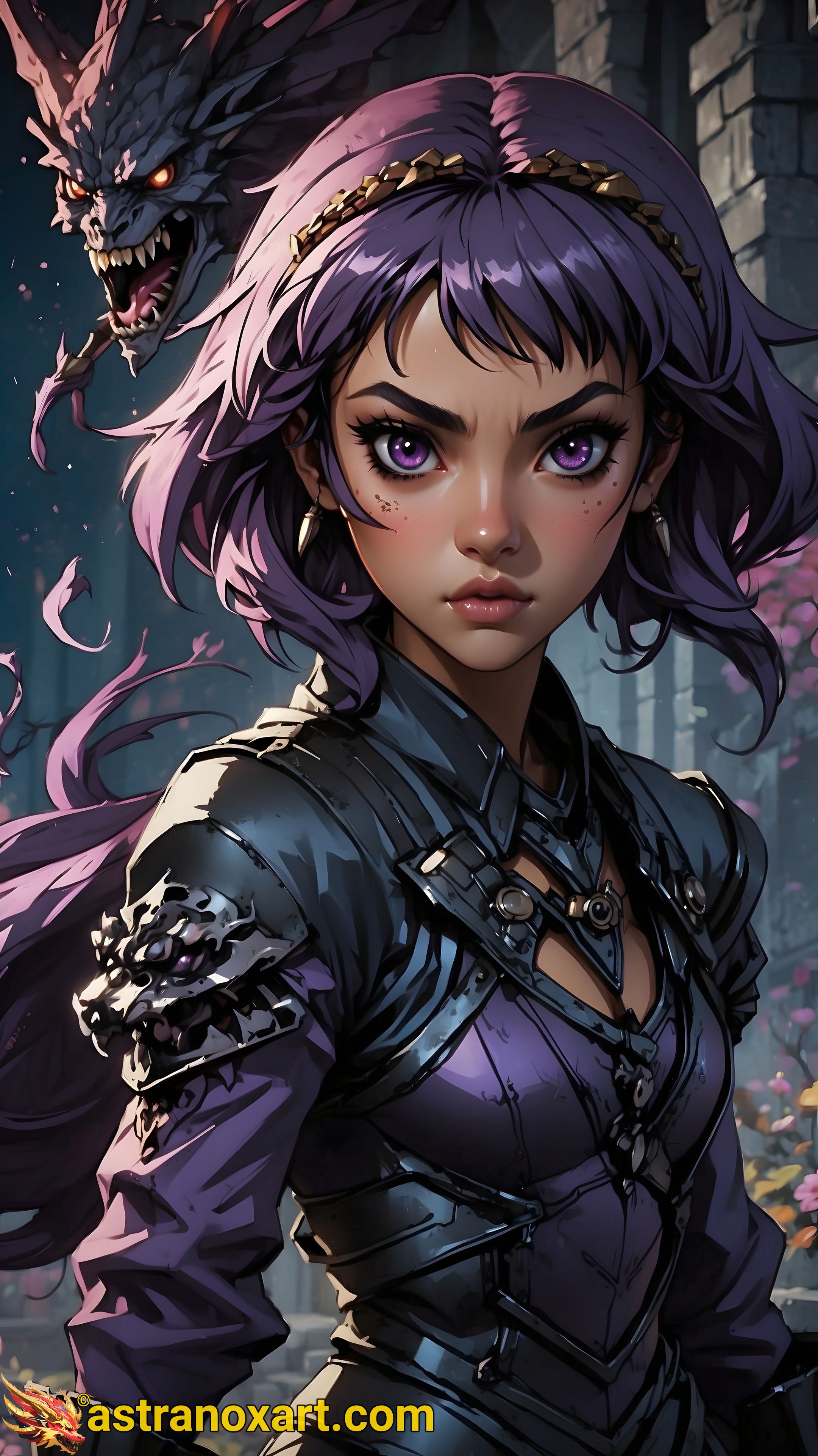 Anime-style female assassin with purple hair and eyes stands ready for action, backed by demonic dragon, in front of Shadowed Citadel fortress in dark fantasy wallpaper. Astranox Art