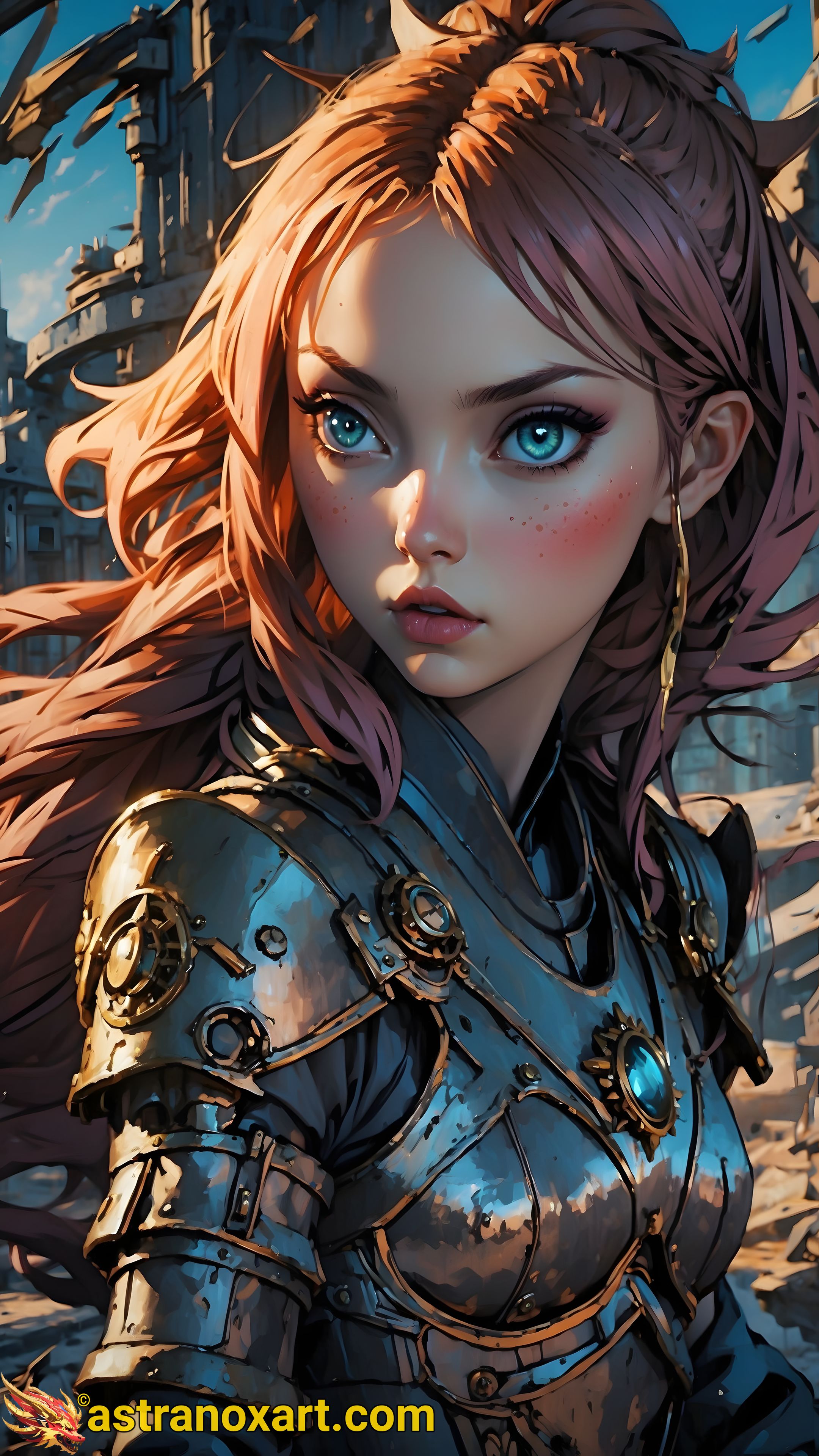 Red-Haired Beauty: An alluring anime-style illustration featuring a red-haired warrior with teal eyes amidst the enchanting architecture of the Clockwork City. Explore this unique world with this stunning wallpaper. Astranox Art