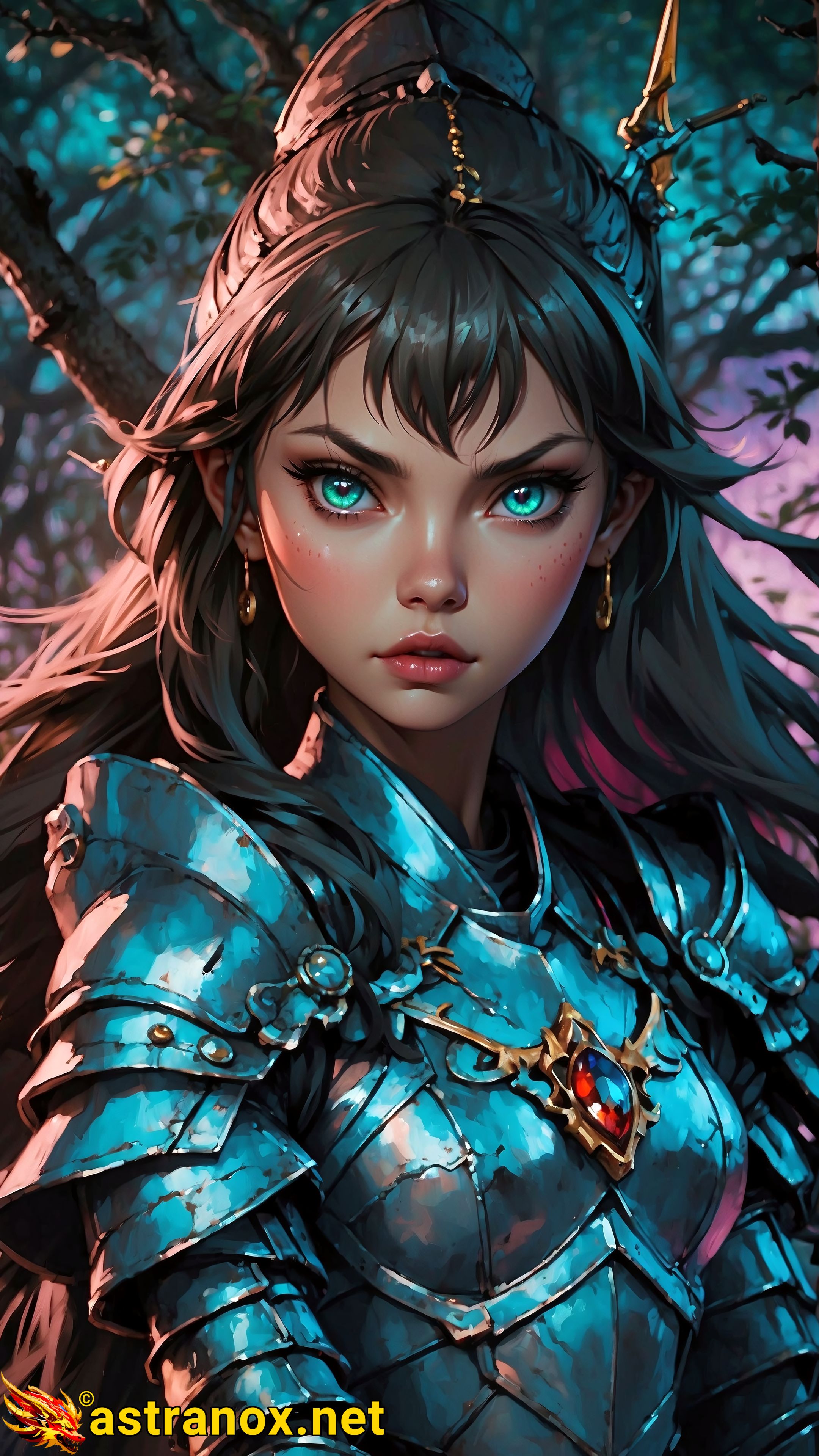 Amidst a mystical forest of vibrant colors, a woman in silver armor, with captivating teal eyes, stands enthralled by the haunting melodies. Astranox