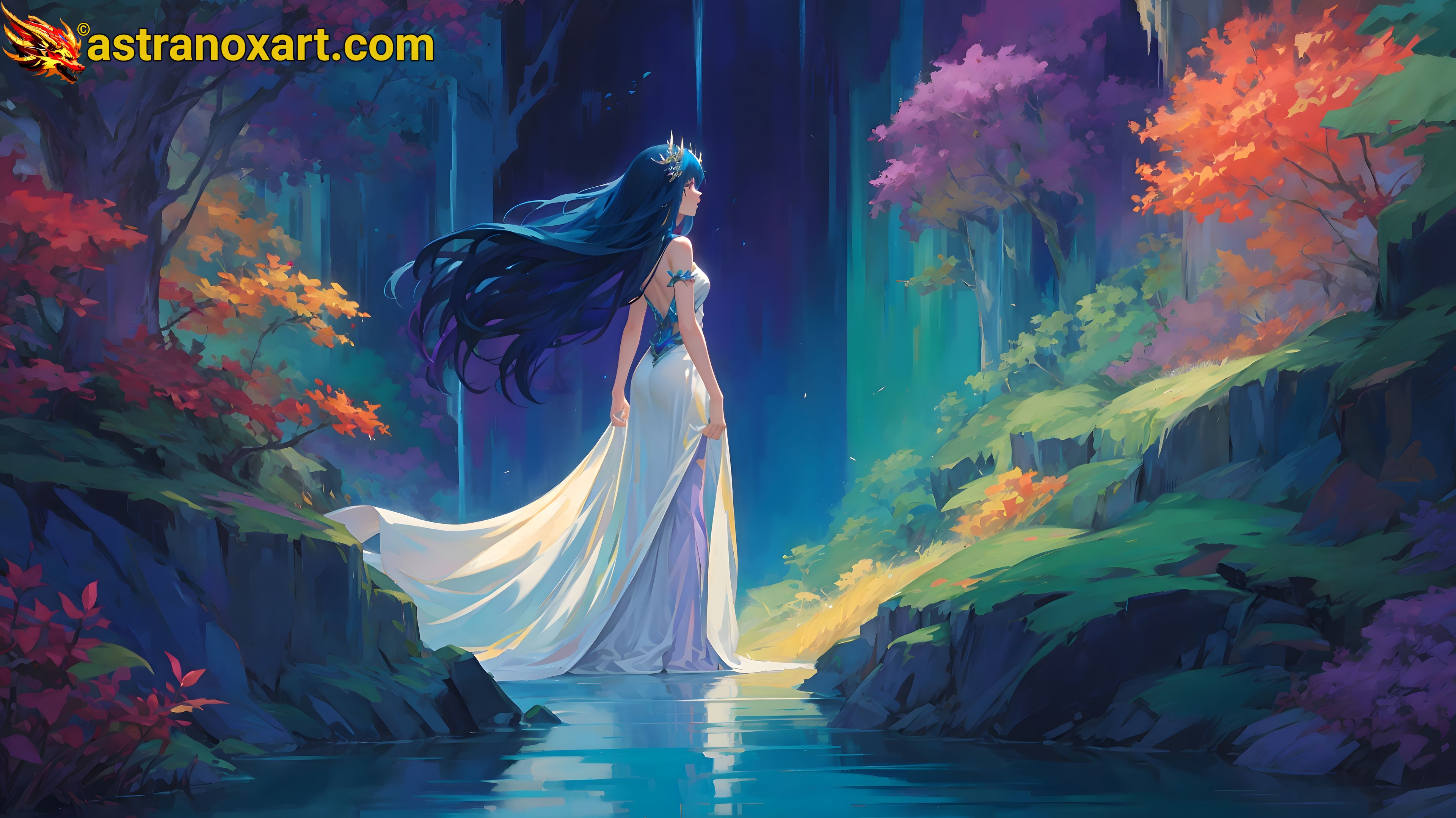 A captivating 4K wallpaper depicting a stunningly beautiful female with raven hair tipped in midnight blue, dressed in an anime-inspired whimsical ensemble of white and amethyst purple, standing before the mesmerizing Rainbow Waterfall of Luna, an otherworldly creation cascading with iridescent, life-giving waters from the moon itself. Astranox Art