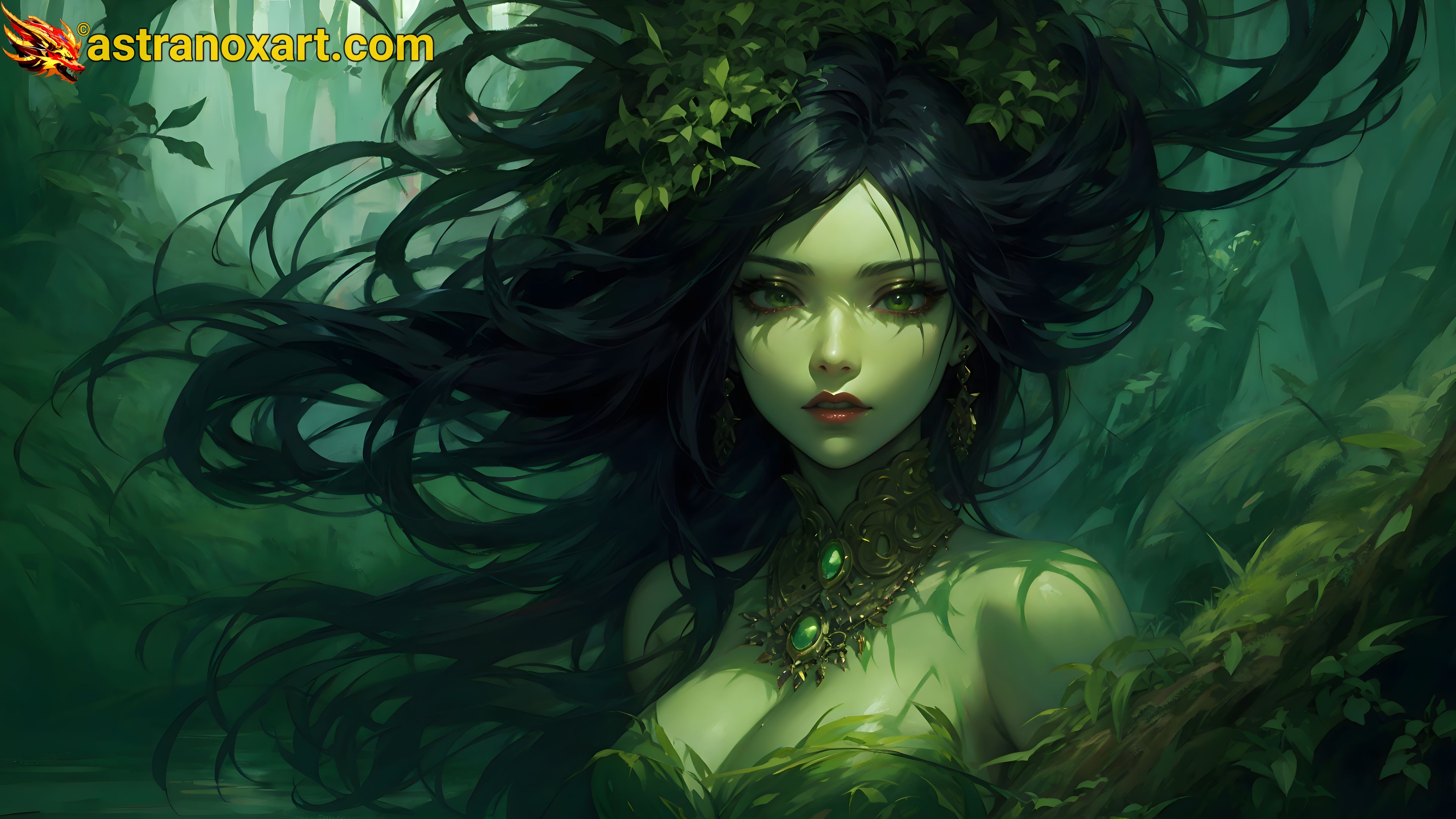 A haunting 4K wallpaper depicting a stunningly beautiful sinister swamp witch with glowing green eyes, of Polish, Jamaican, and Indonesian origins, clad in tattered emerald robes adorned with twisted vines, emerging from The Blighted Fen, a polluted marsh realm tainted by ancient sorcery and foul vapors. Astranox Art