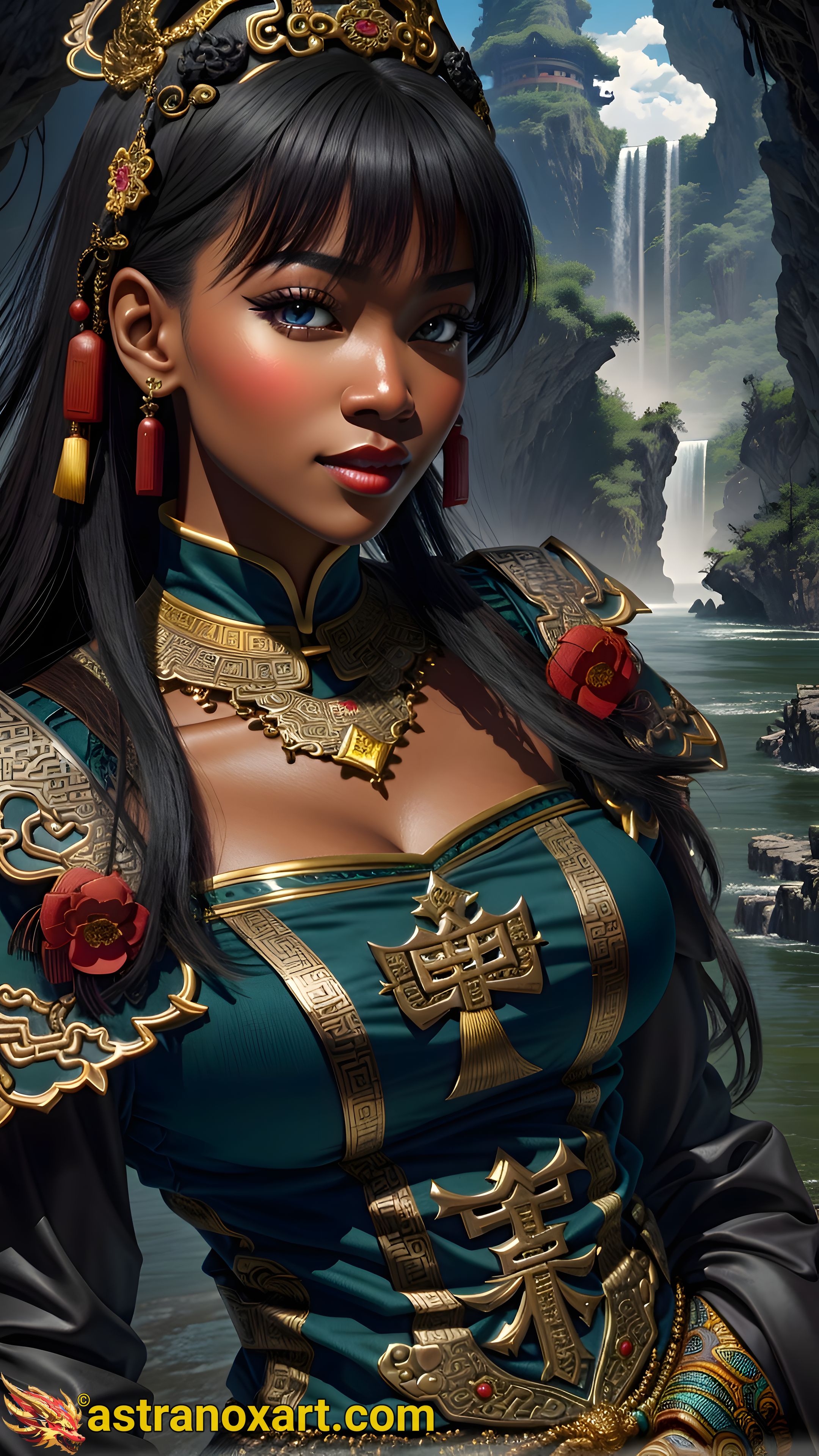 Enchanting portrait of a female Priest with deep blue eyes and Burgundy attire by the riverside - 4K fantasy portrait, a journey to enchantment in the African-inspired fantasy world Astranox Art