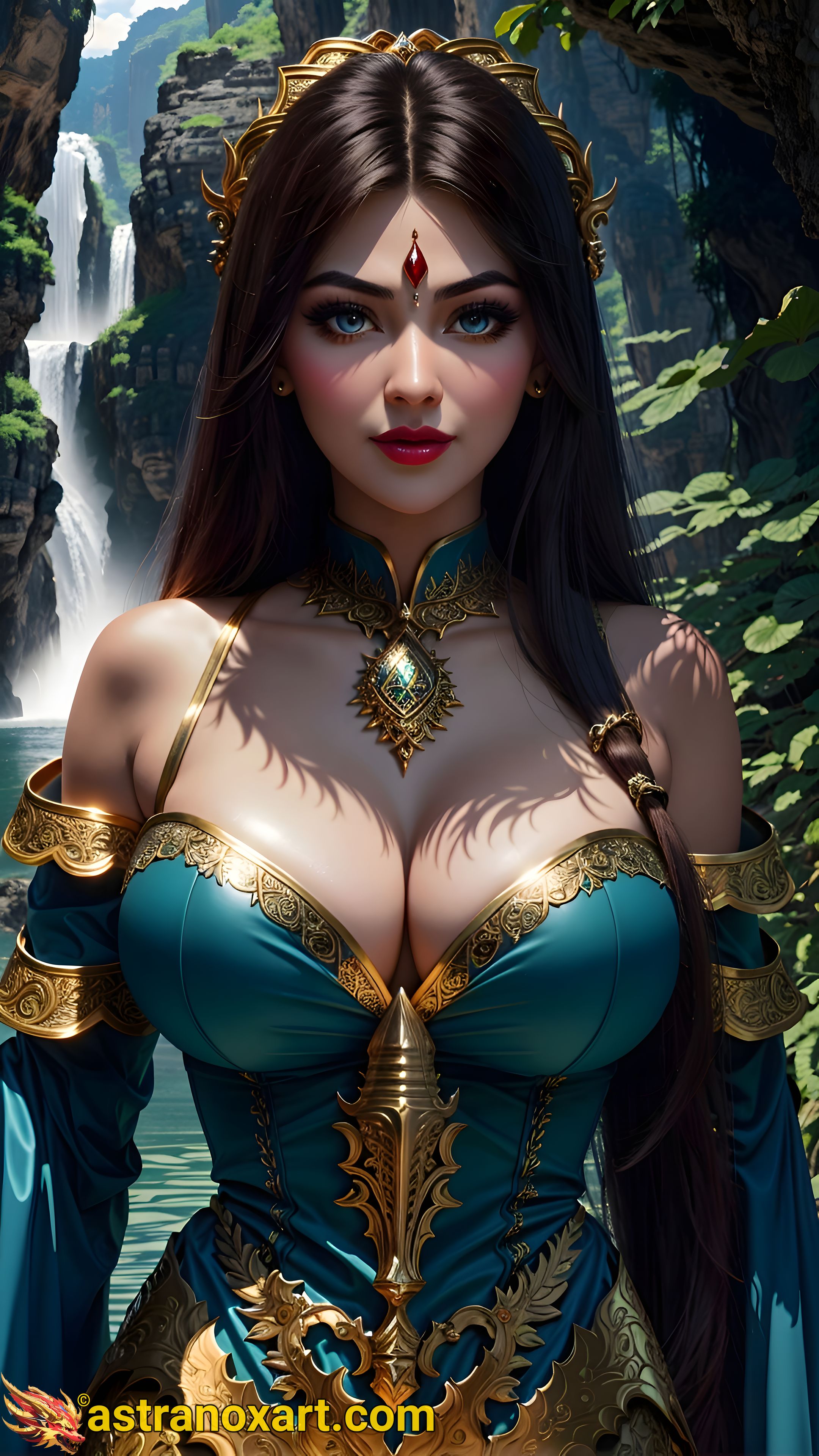 Enchanting portrait of a female Sorcerer with piercing blue eyes and straight brown hair by the river in the daytime - 4K fantasy portrait, an invitation to explore a world of magic and wonder Astranox Art