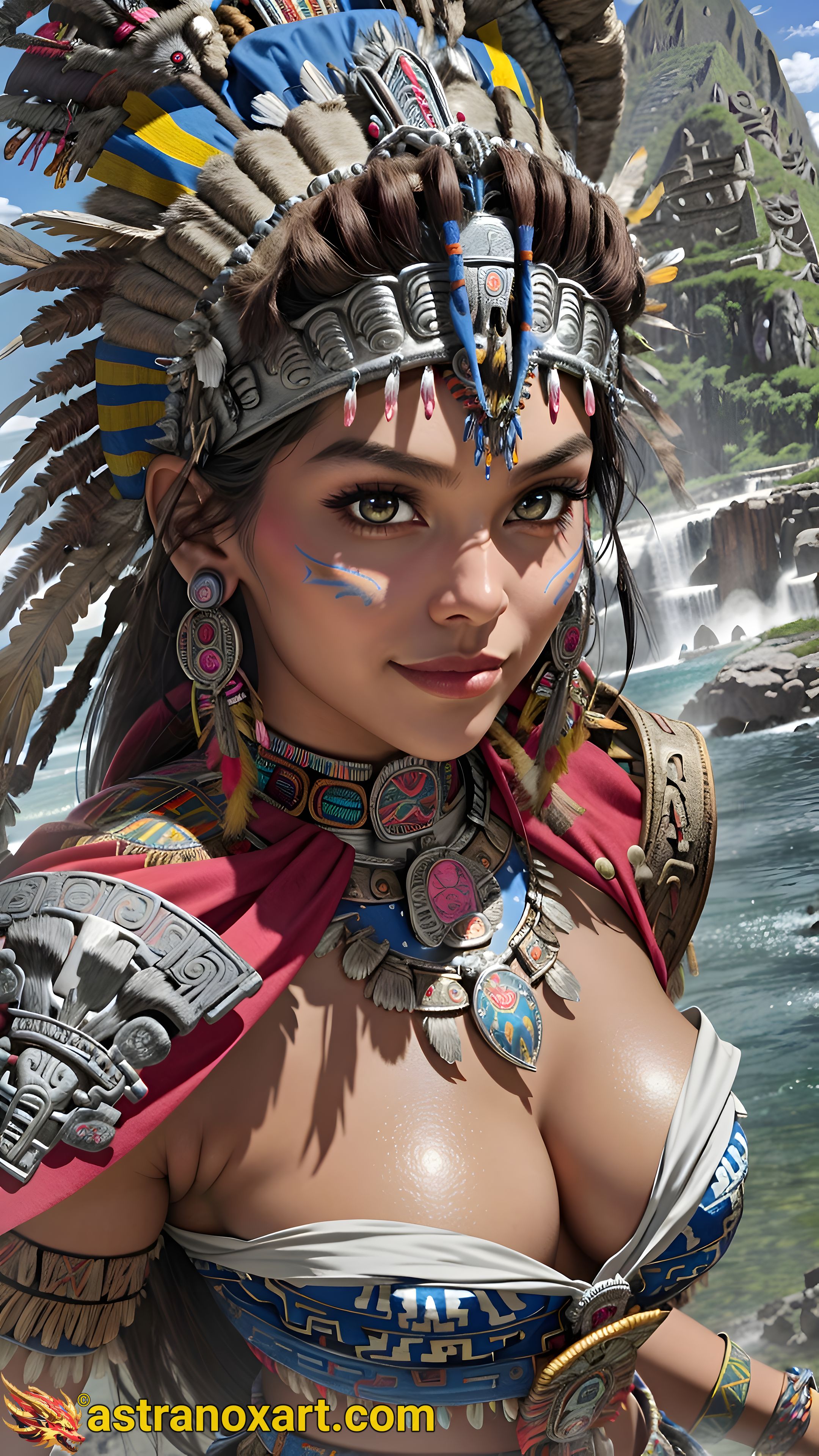 Mystical portrait of a female Shaman with captivating hazel eyes and straight black hair against the tranquil river in the daytime - 4K fantasy portrait, an invitation to discover the unknown and embrace mystery Astranox Art