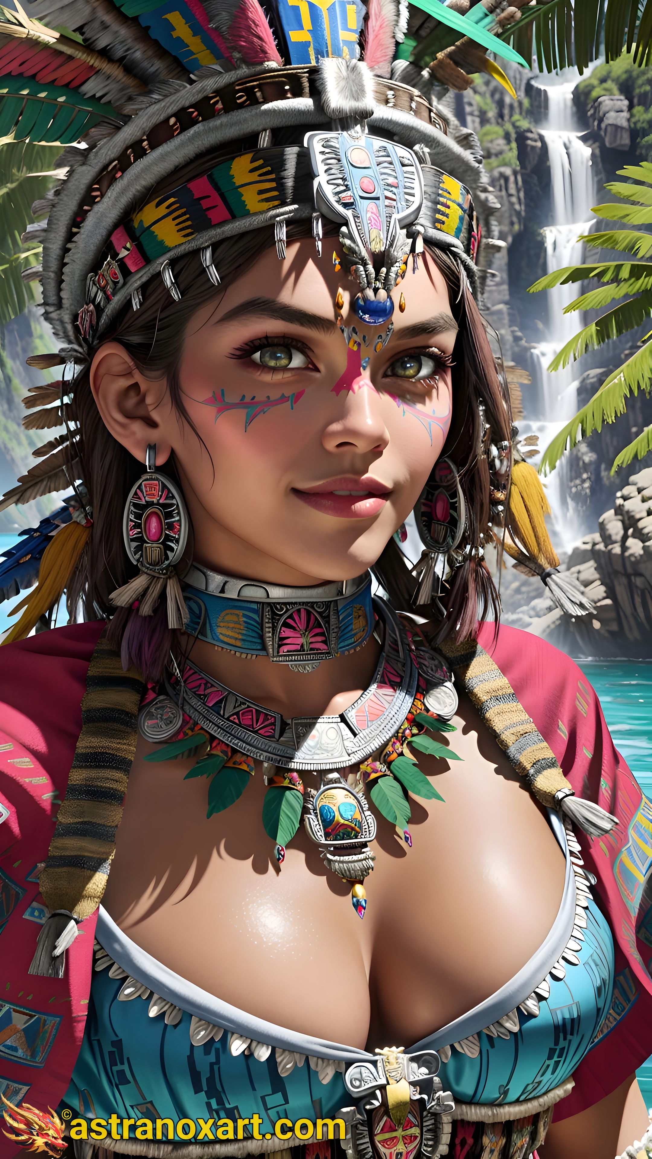 Mystical portrait of a female Shaman with captivating green eyes and straight black hair by a mesmerizing waterfall in the daytime - 4K fantasy portrait, an invitation to journey into ancient realms Astranox Art