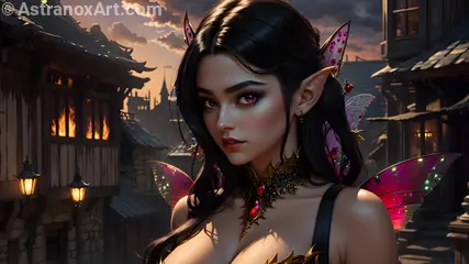 Captivating female elf warlock in urban fantasy setting at sunset - 4K wallpaper capturing her allure and power