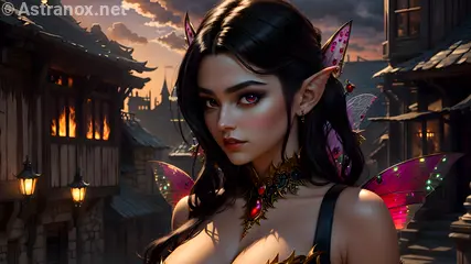 Captivating female elf warlock in urban fantasy setting at sunset - 4K wallpaper capturing her allure and power