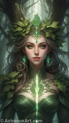 4K Wallpaper: Female druid adorned with vines and greenery, communing with nature in a mystical forest.